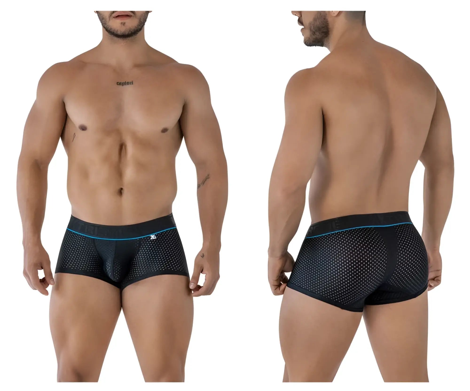 Xtremen 91212b black microfiber trunks with black mesh briefs and blue trim featuring brand logo waistband
