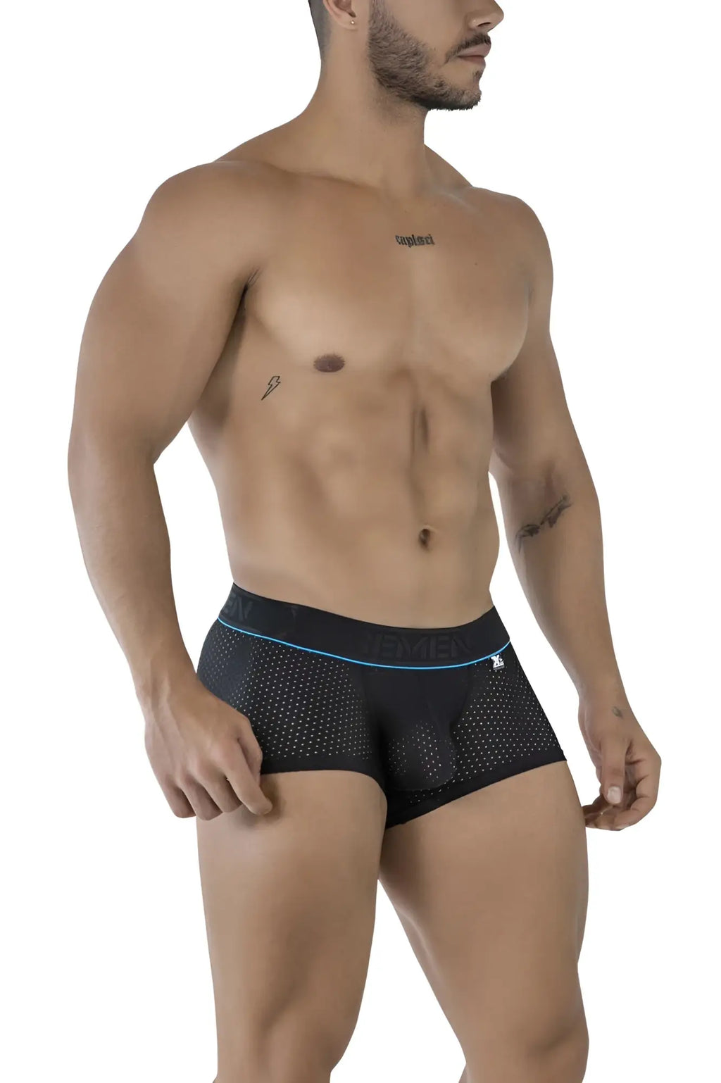 Black xtremen 91212b microfiber trunks with blue trim and tempo waistband made of breathable mesh fabric