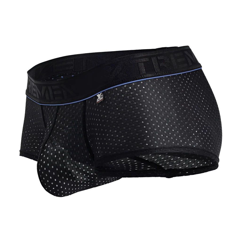 Xtremen 91212B microfiber trunks in black feature black mesh briefs with subtle blue trim and embossed branding on the waistband