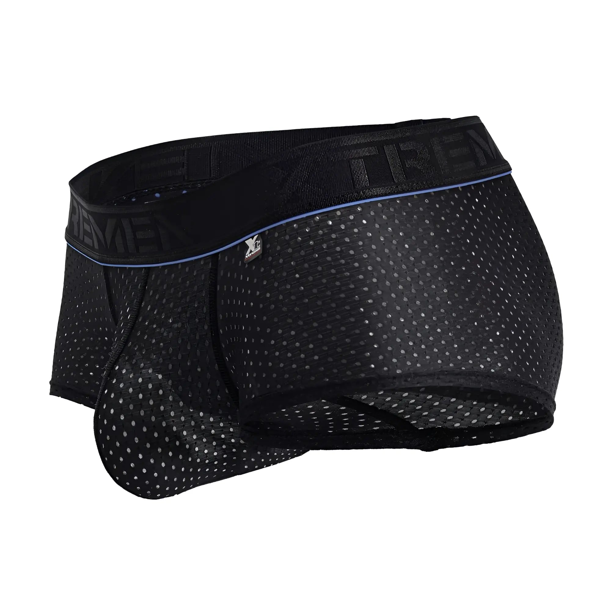 Xtremen 91212B microfiber trunks in black feature black mesh briefs with subtle blue trim and embossed branding on the waistband