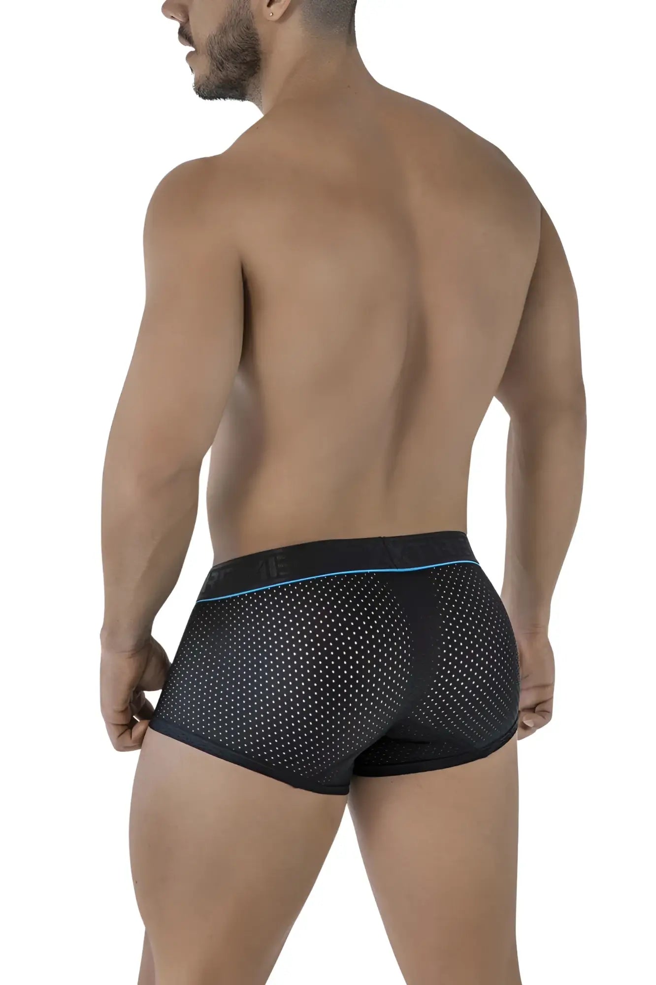 Xtremen 91212b black microfiber trunks with black mesh briefs and subtle blue trim along waistband front view