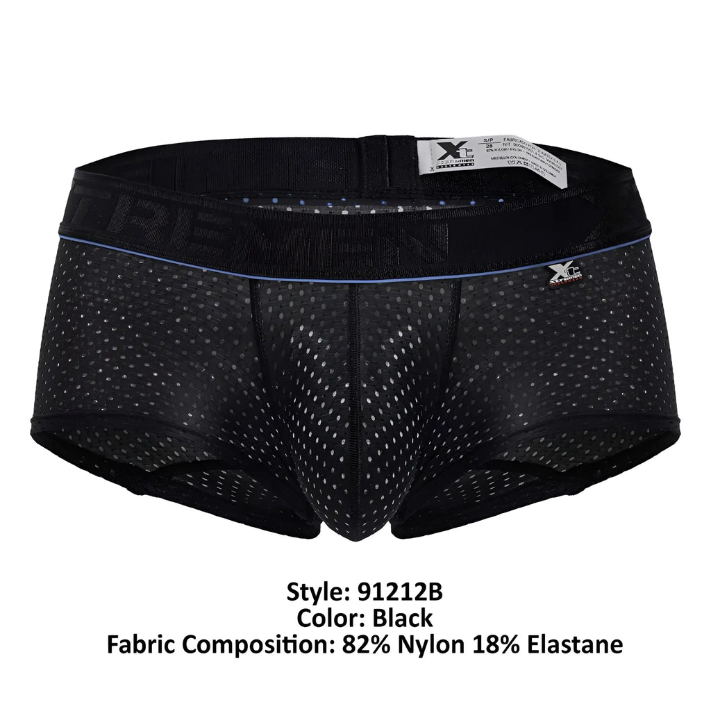 Black xtremen 91212b microfiber trunks with mesh fabric and subtle blue trim along waistband and small x logo on side