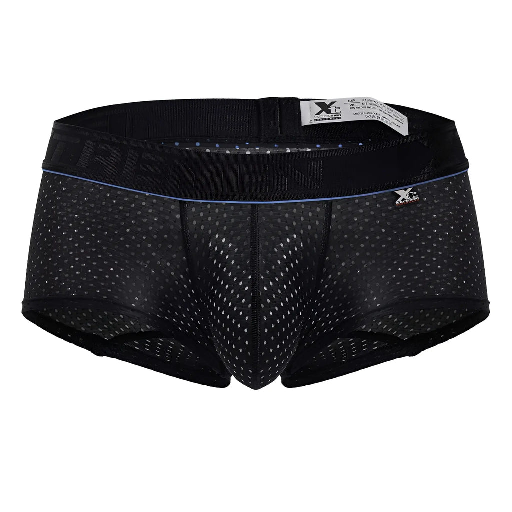 Black mesh microfiber trunks with subtle blue trim and trevin branding on the waistband xtremen 91212b model
