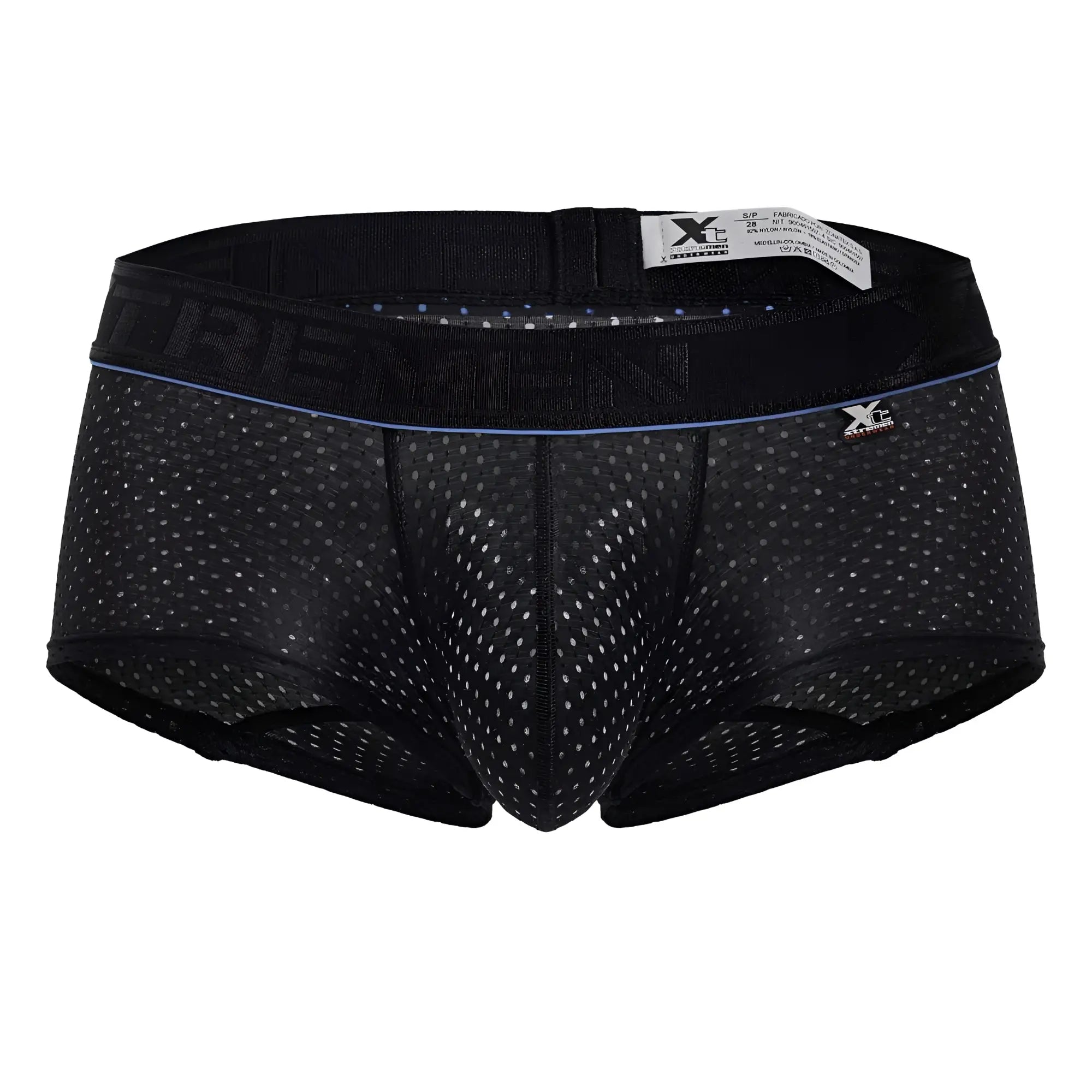 Black mesh microfiber trunks with subtle blue trim and trevin branding on the waistband xtremen 91212b model
