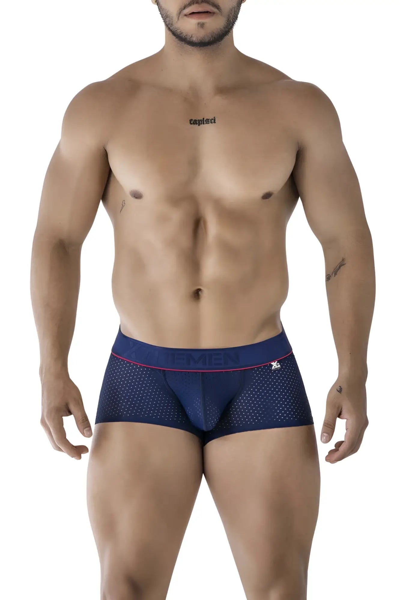 Navy blue microfiber mesh briefs with pink trim and capri waistband from xtremen 91212b microfiber trunks collection