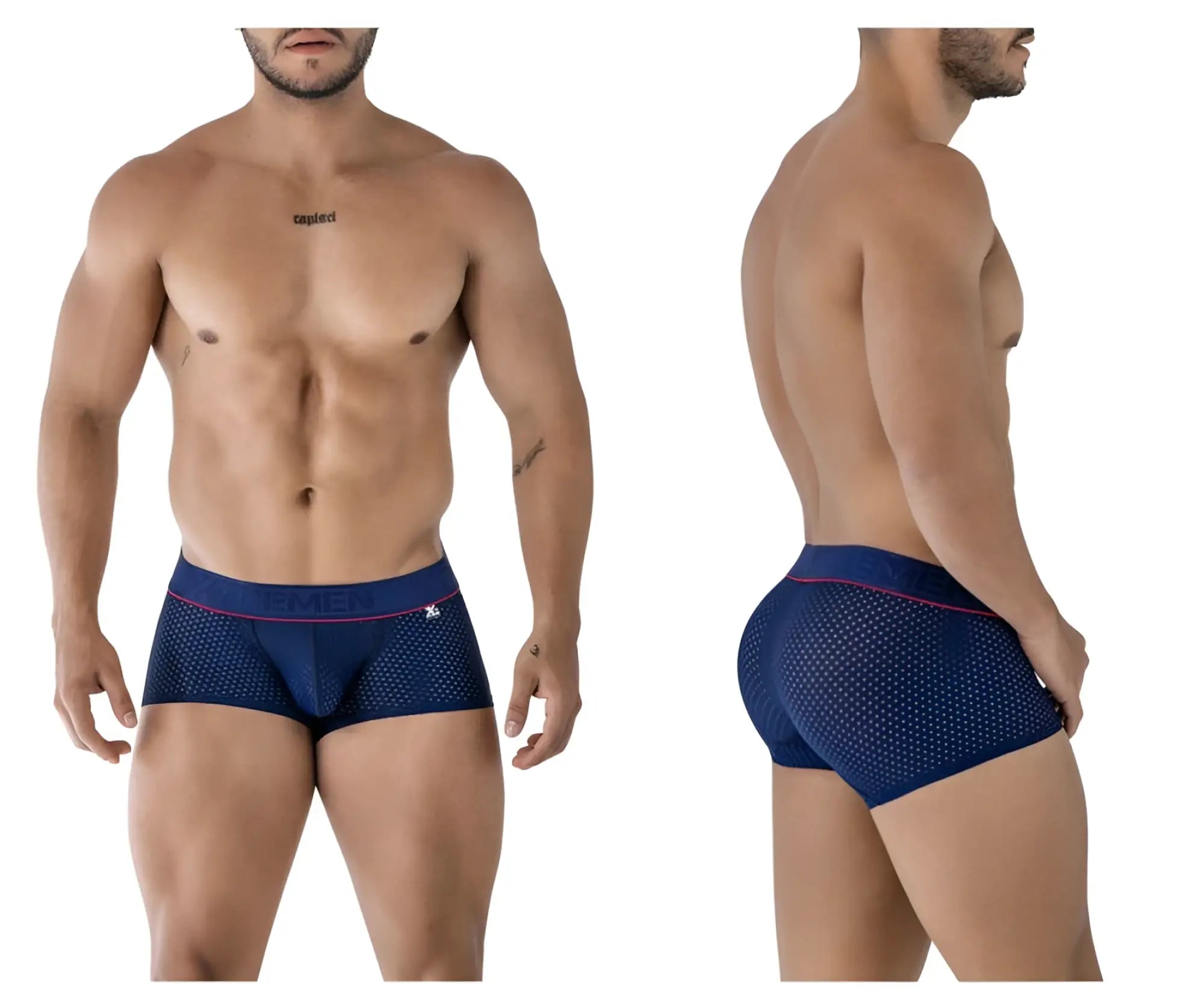 Navy blue Xtremen 91212B microfiber trunks with mesh fabric pink trim and subtle logo on waistband