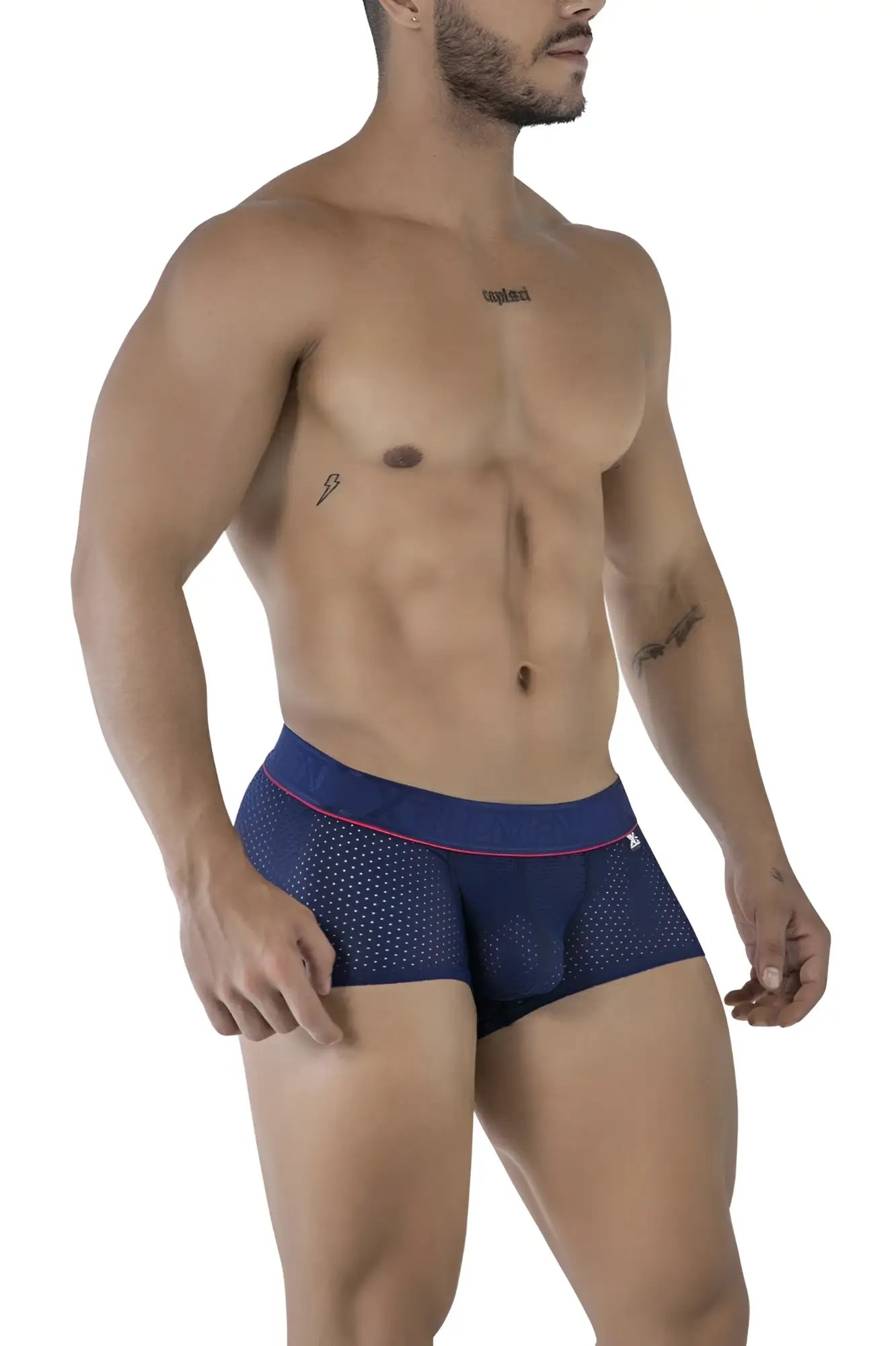 Navy blue mesh microfiber trunks with pink trim and a small white logo on the waistband Xtremen 91212B