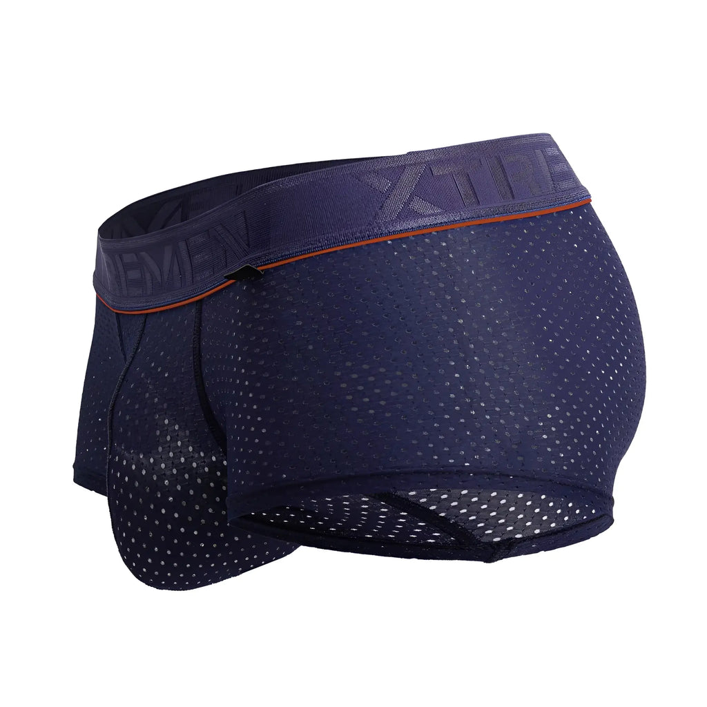 Xtremen 91212B microfiber trunks in navy with dark blue mesh, matching waistband, orange trim, and embossed branding