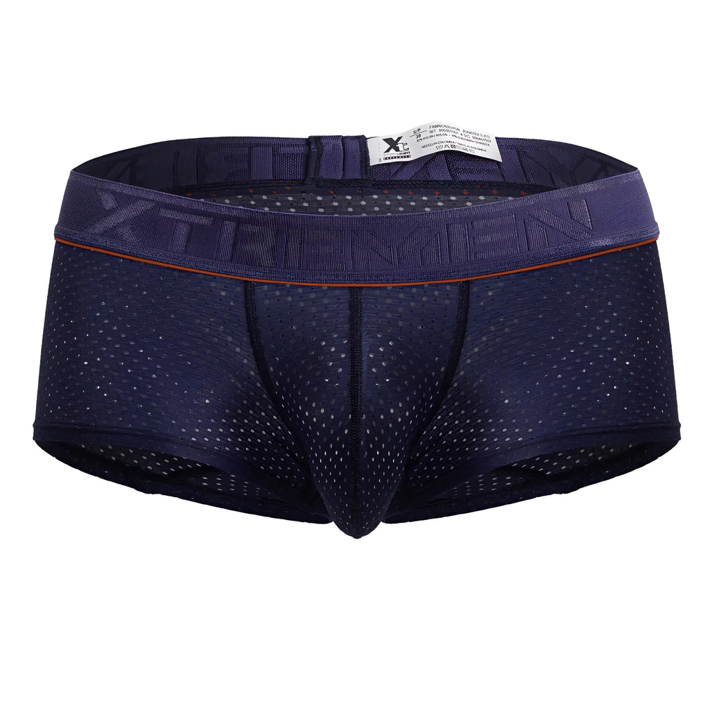 Dark blue navy xtremen 91212b microfiber trunks with mesh briefs and an orange trim elastic waistband embossed xtreme