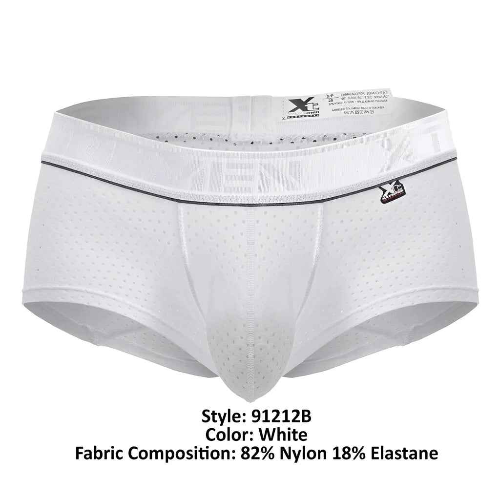 White xtremen 91212b microfiber trunks with perforated mesh design and black waistband trim featuring x-treme logo patch