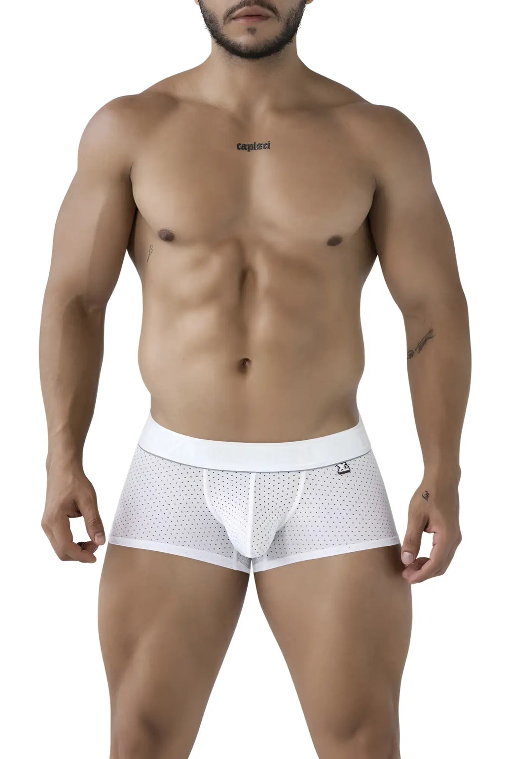 Xtremen 91212B microfiber white mesh briefs with solid white waistband and subtle perforated pattern front view
