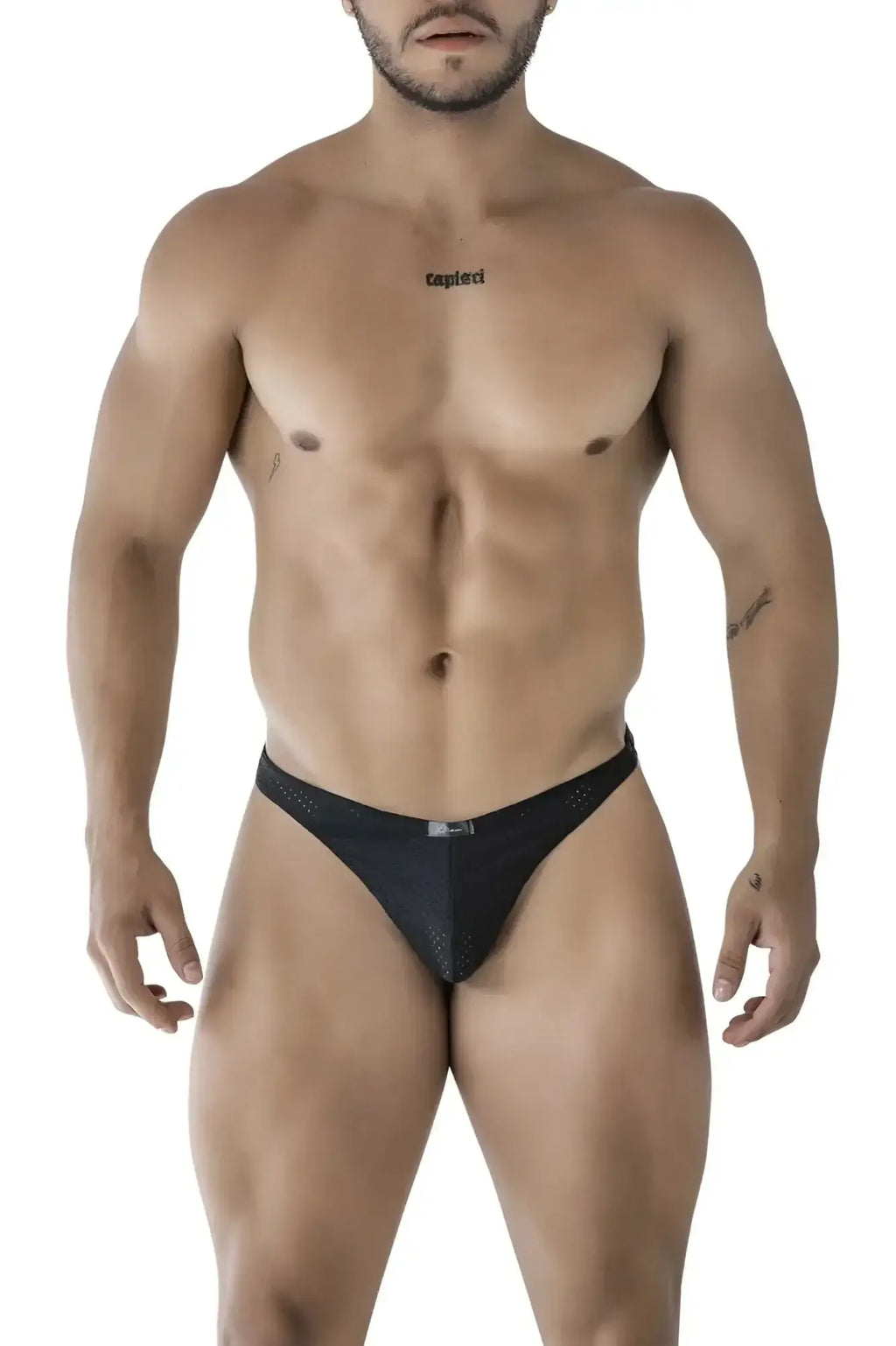 Black xtremen 91214b microfiber thongs with black mesh briefs, subtle textured pattern, and small brand logo waistband