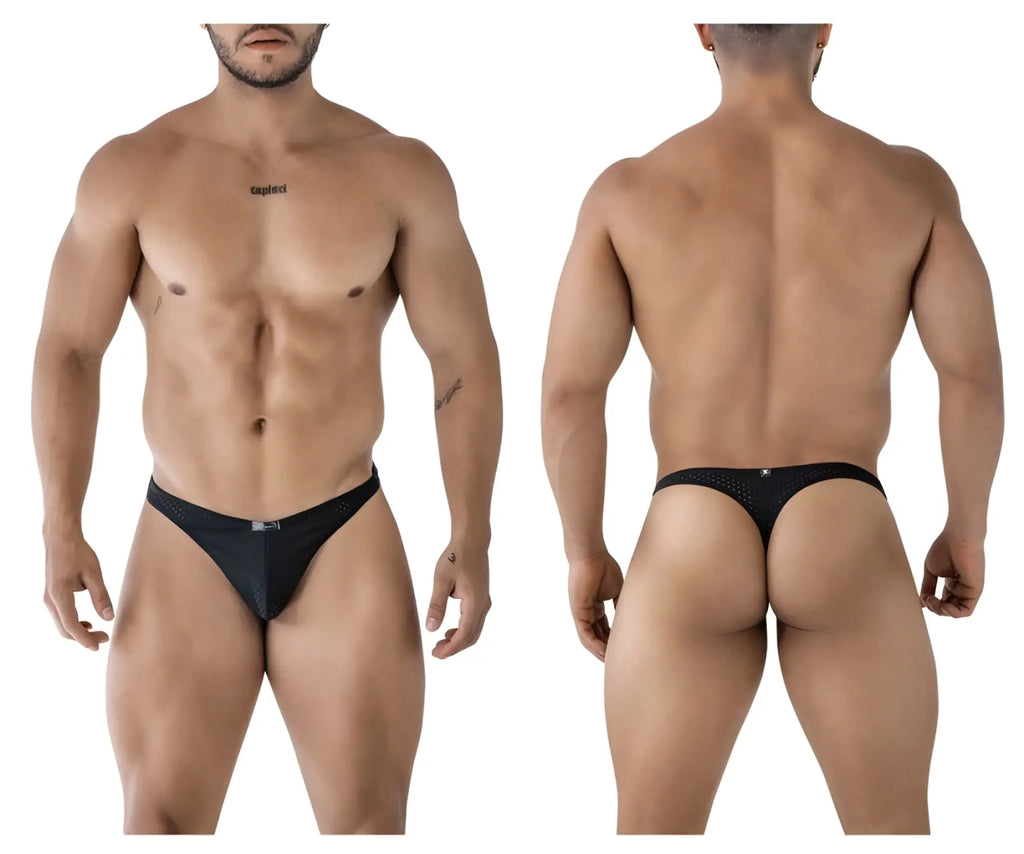 Xtremen 91214b black microfiber thong with black mesh and small logo on front and back side of the product
