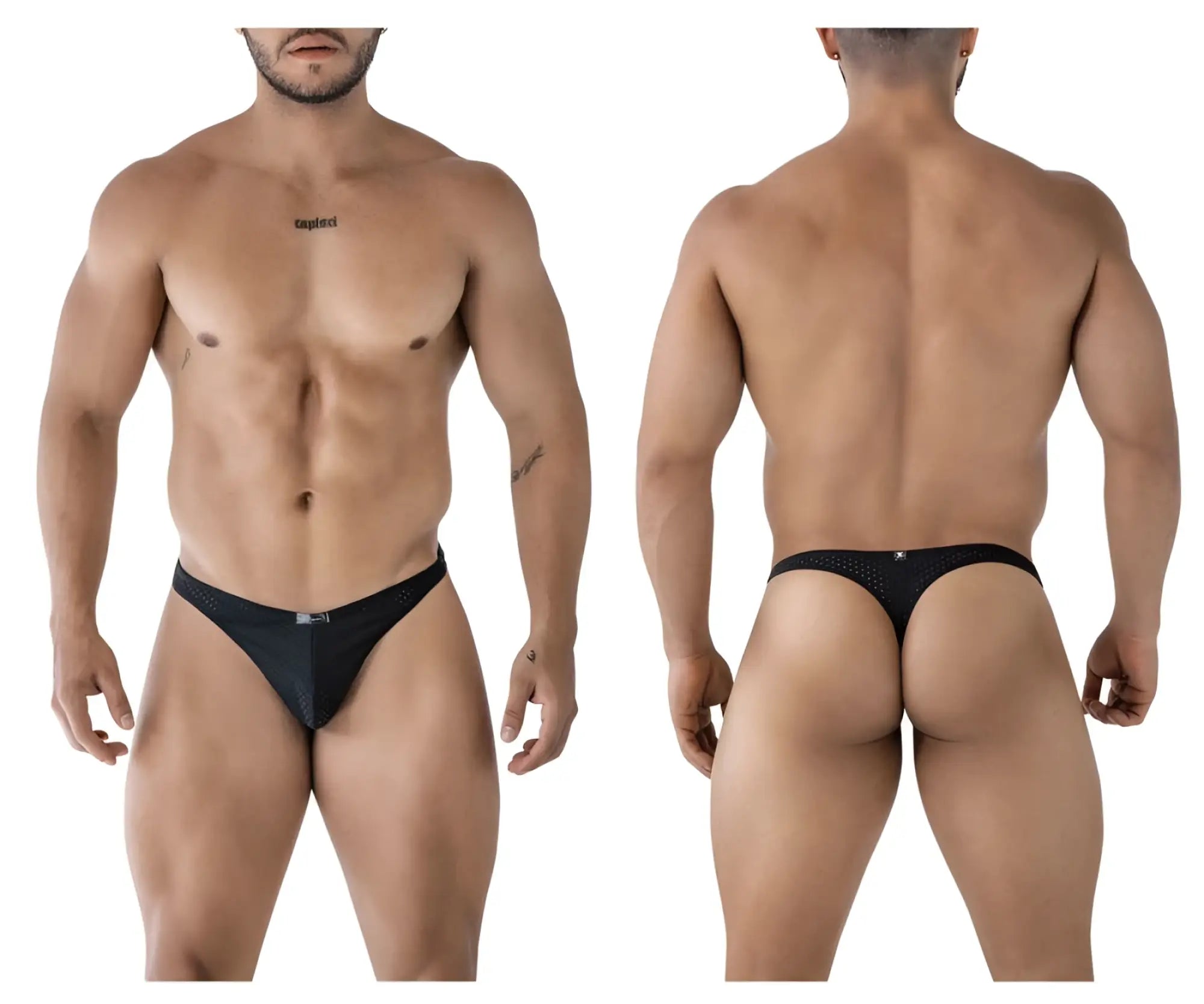 Xtremen 91214b black microfiber thong with black mesh and small logo on front and back side of the product