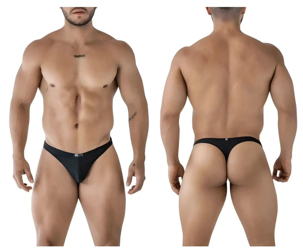 Xtremen 91214b black microfiber thong with black mesh and small logo on front and back side of the product