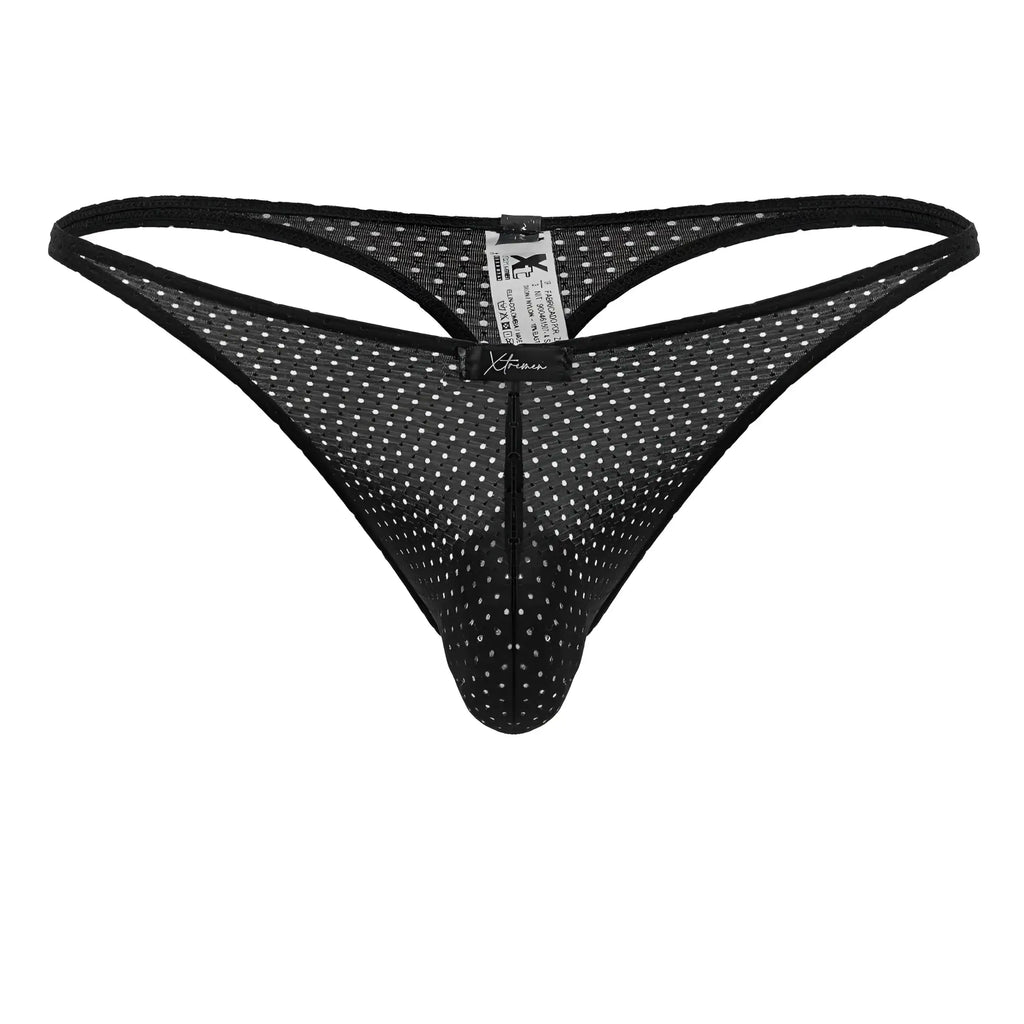 Xtremen 91214b black microfiber thong with white polka dots mesh fabric and central zipper detail
