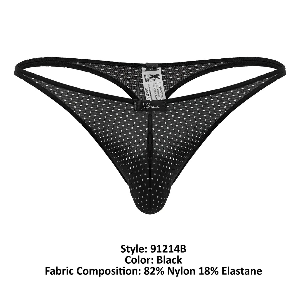 Xtremen 91214B black microfiber thong with white polka dot mesh and central zipper front detail