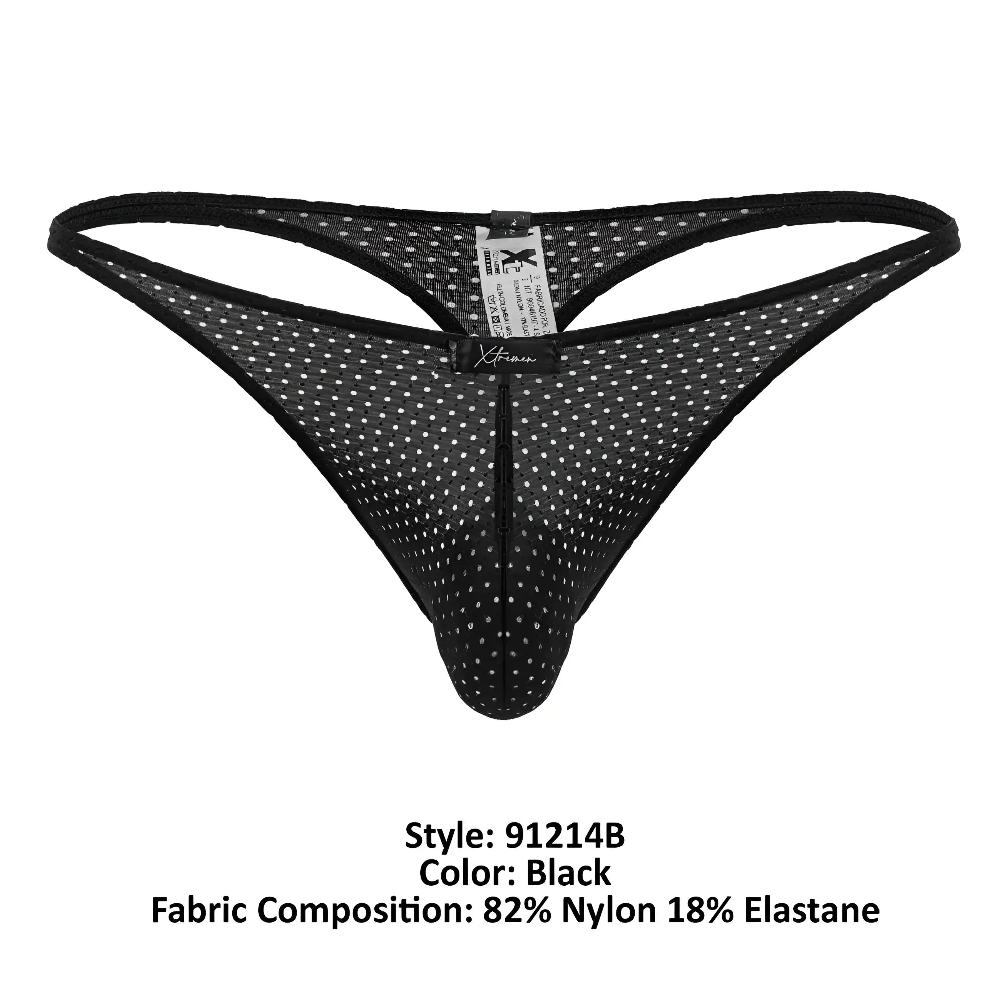 Xtremen 91214B black microfiber thong with white polka dot mesh and central zipper front detail