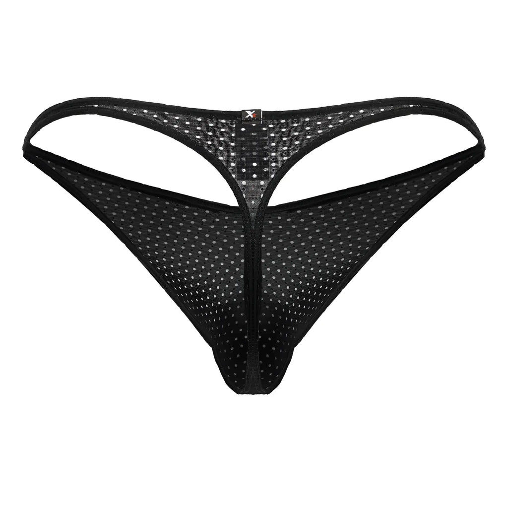 Black Xtremen 91214B microfiber thong with white polka dot mesh and a central zipper front detail