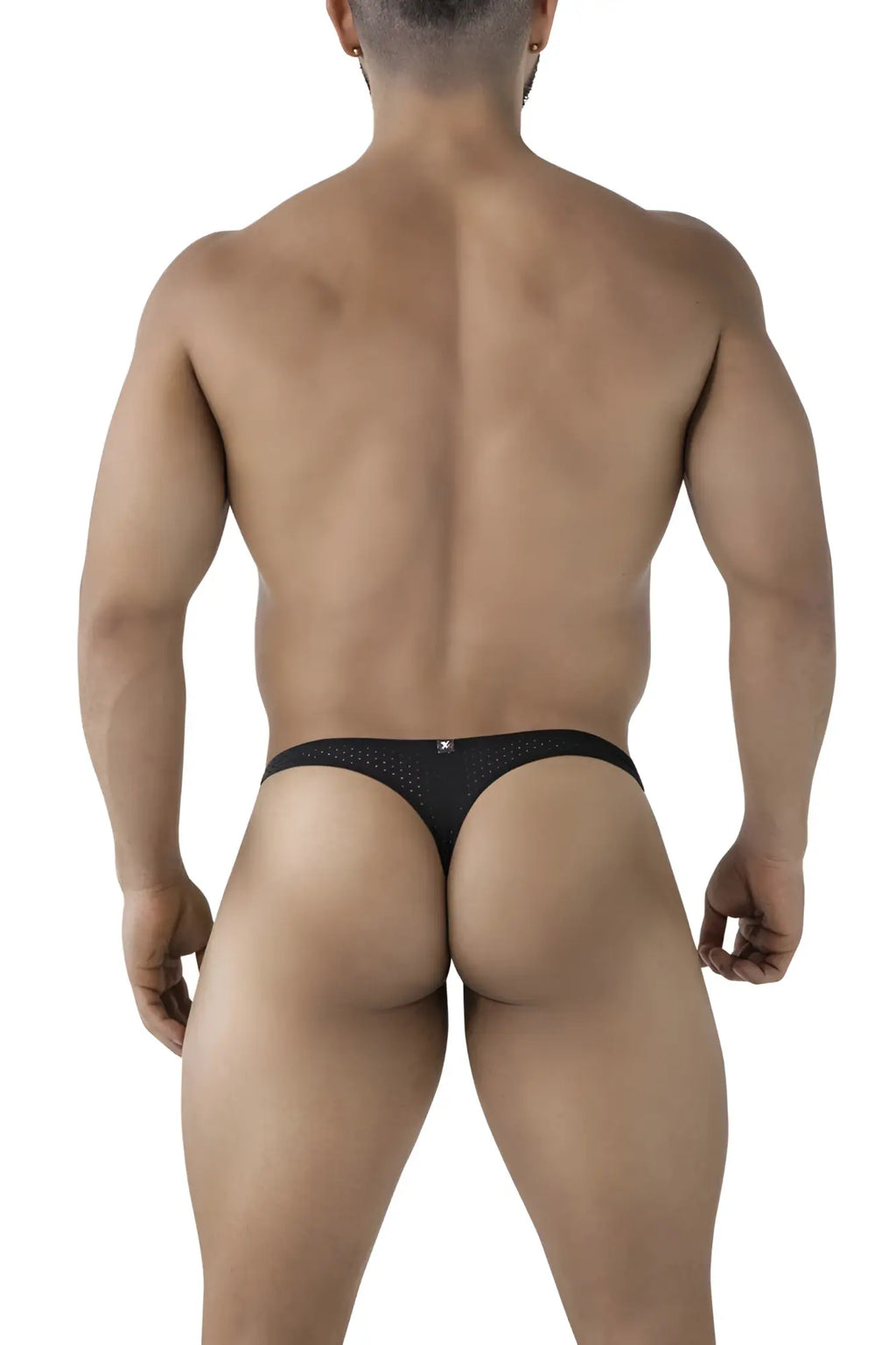 Black xtremen 91214b microfiber thong with perforated mesh and small logo on the backband shown from the back side