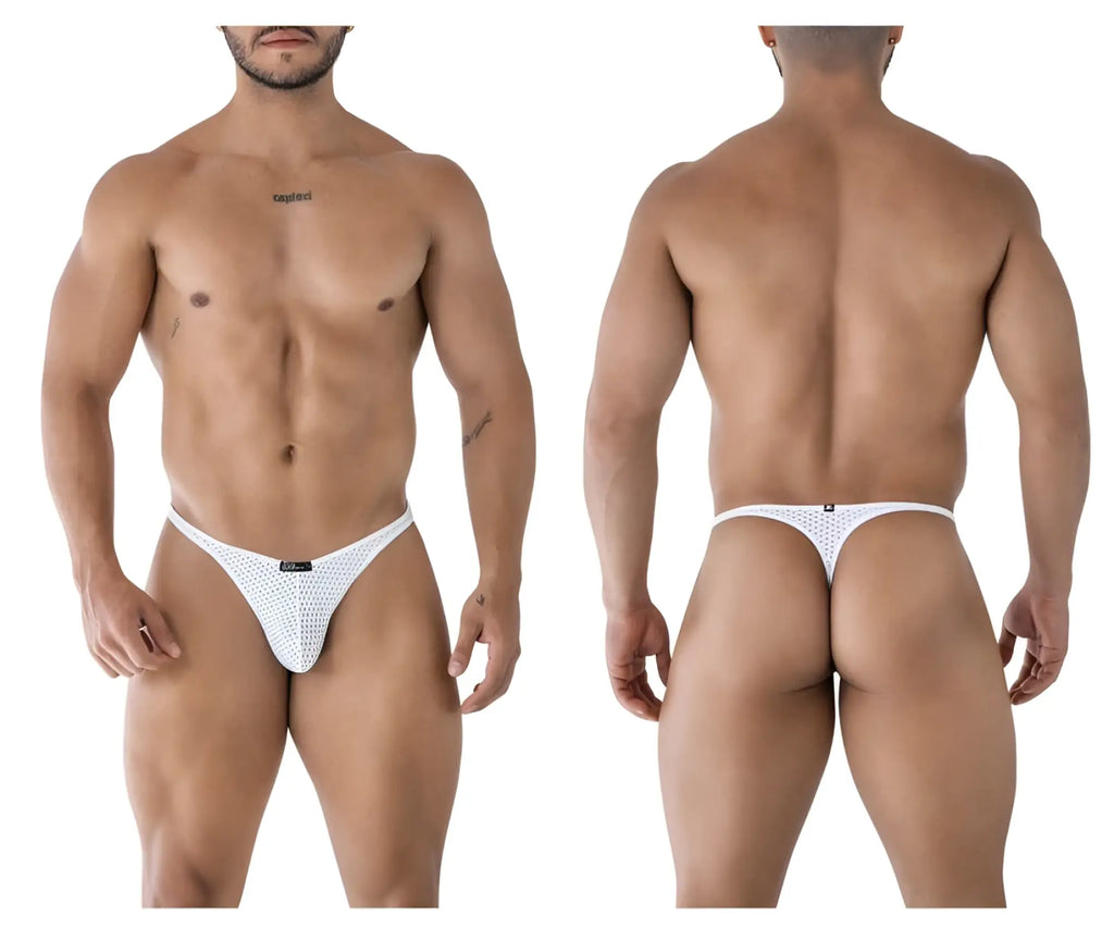 White mesh microfiber thong with small black logo on waistband xtremen 91214b micro thong in white