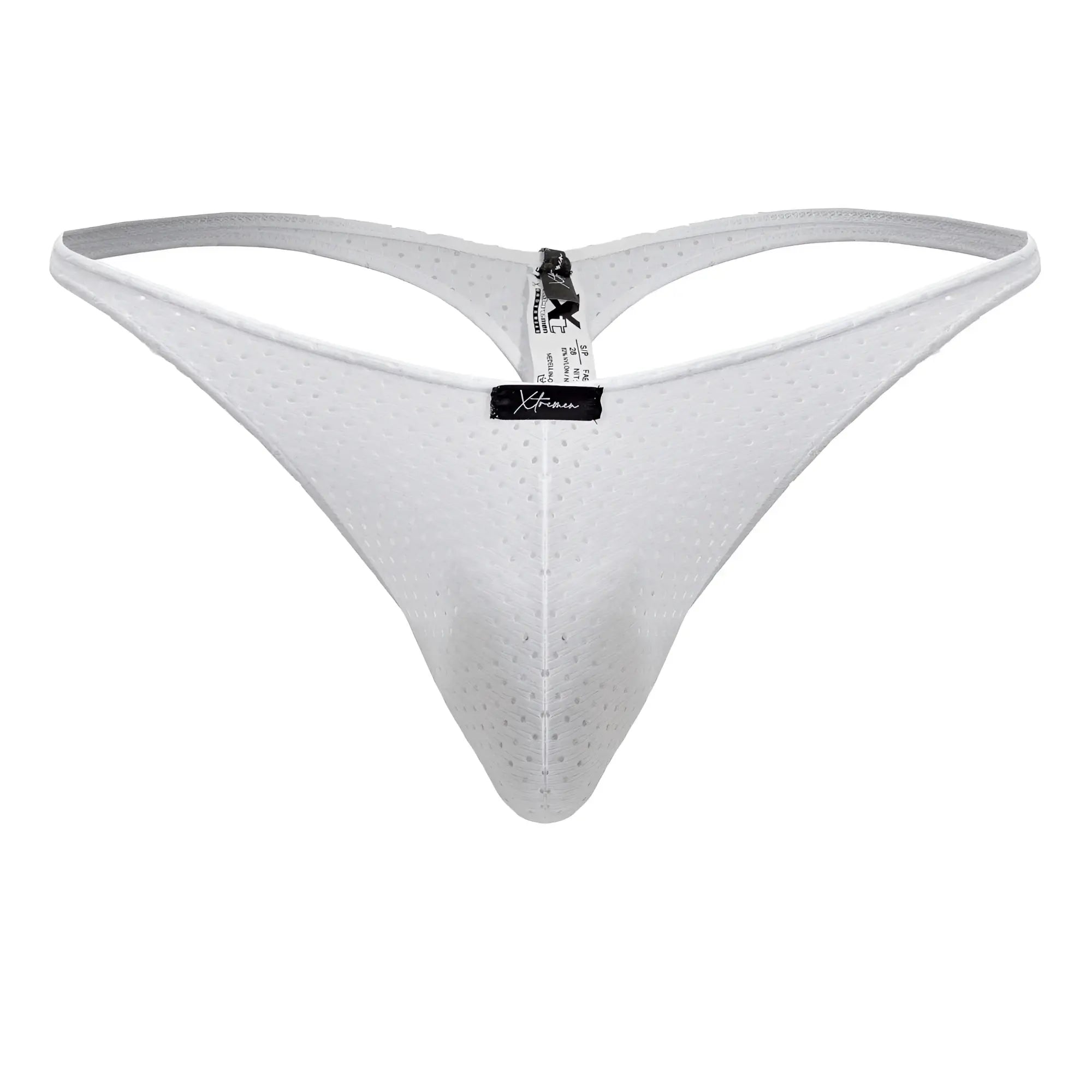 Xtremen 91214B microfiber white thong with mesh perforated texture and black brand tag at center front