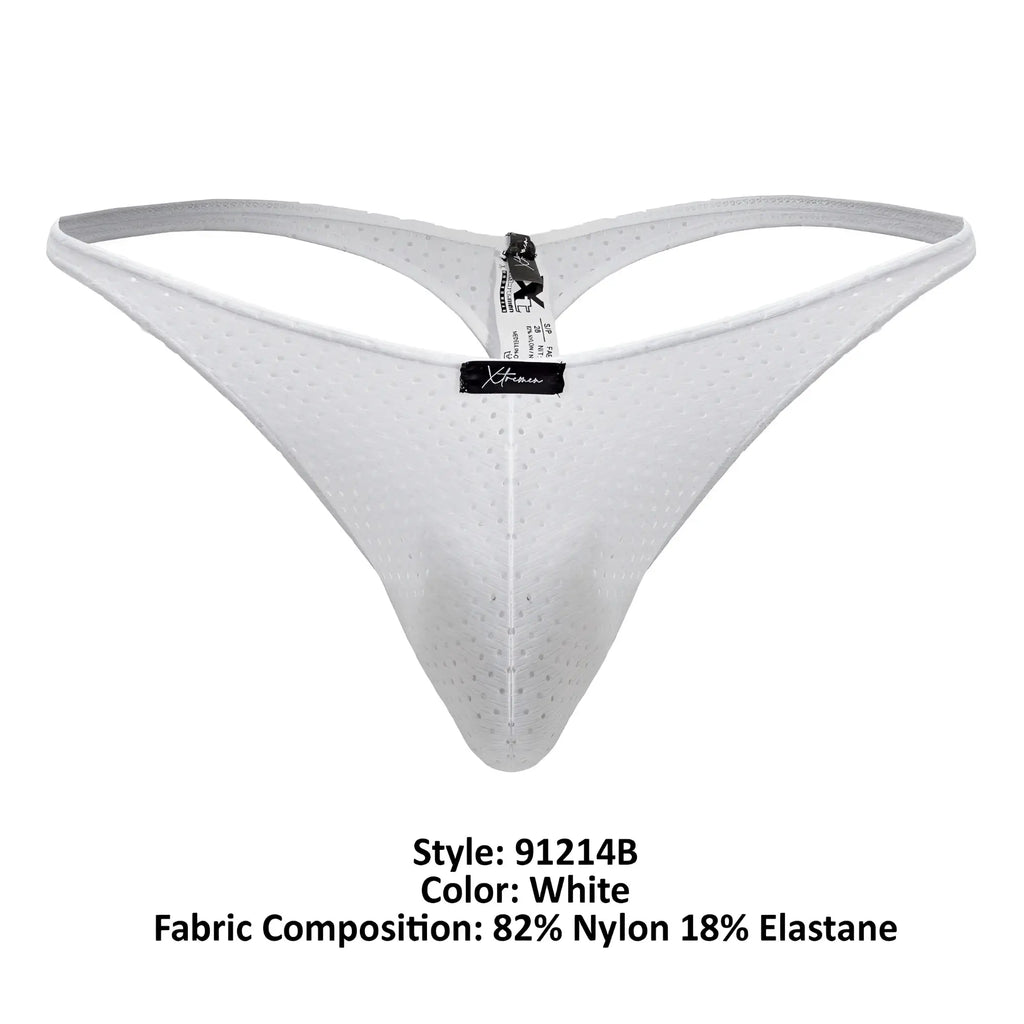 White perforated nylon and elastane thong with a central black brand tag from Xtremen 91214B microfiber thongs collection