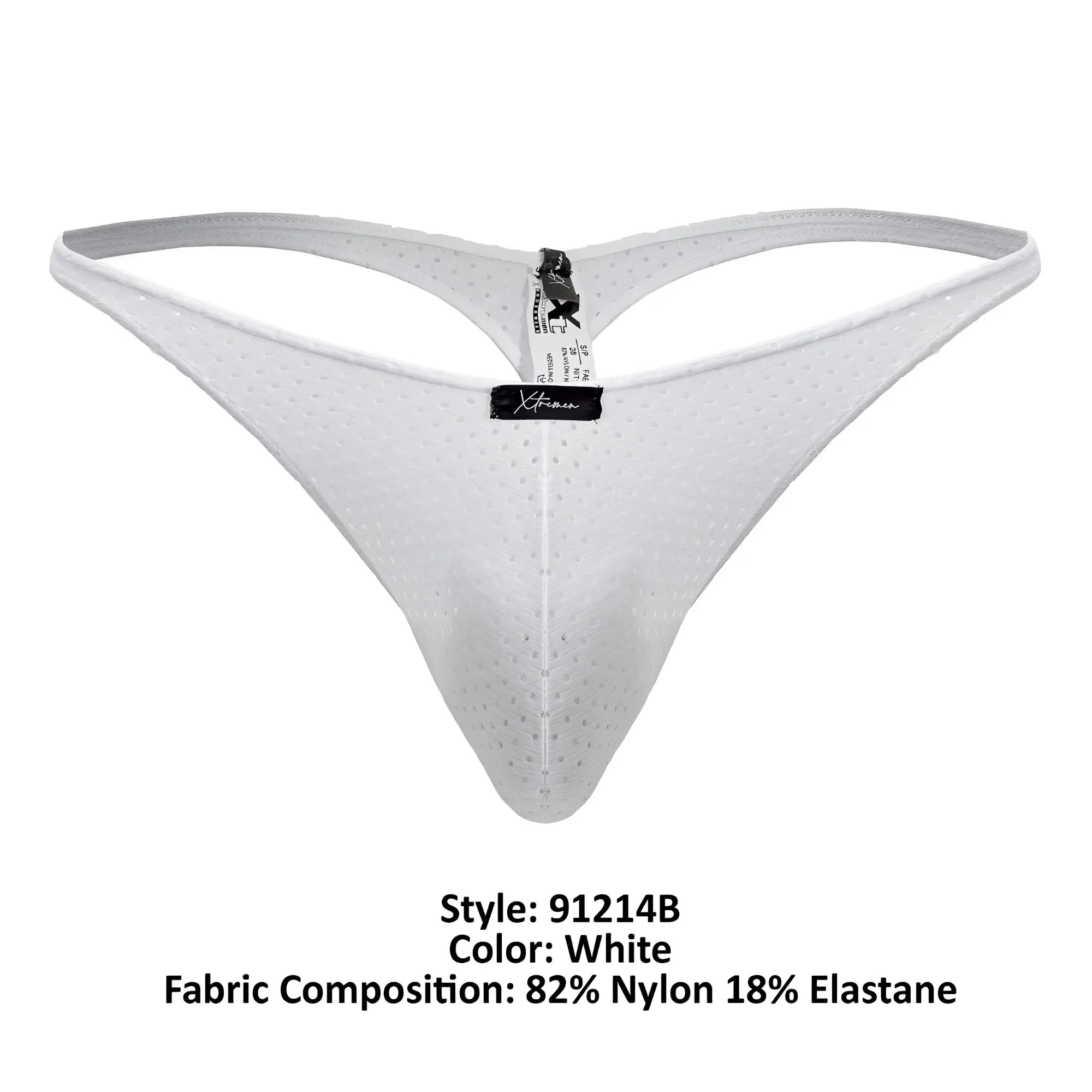 White perforated nylon and elastane thong with a central black brand tag from Xtremen 91214B microfiber thongs collection