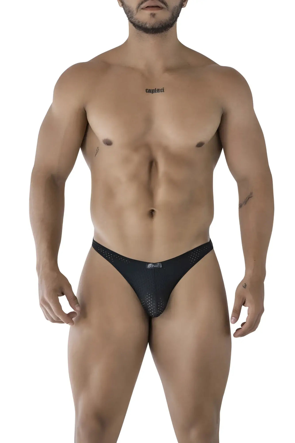 Black microfiber Xtremen 91215B bikini briefs with subtle perforated mesh pattern and logo on the waistband
