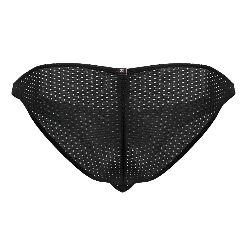 Xtremen 91215b black microfiber bikini briefs with black mesh and subtle white dot pattern and central zipper closure