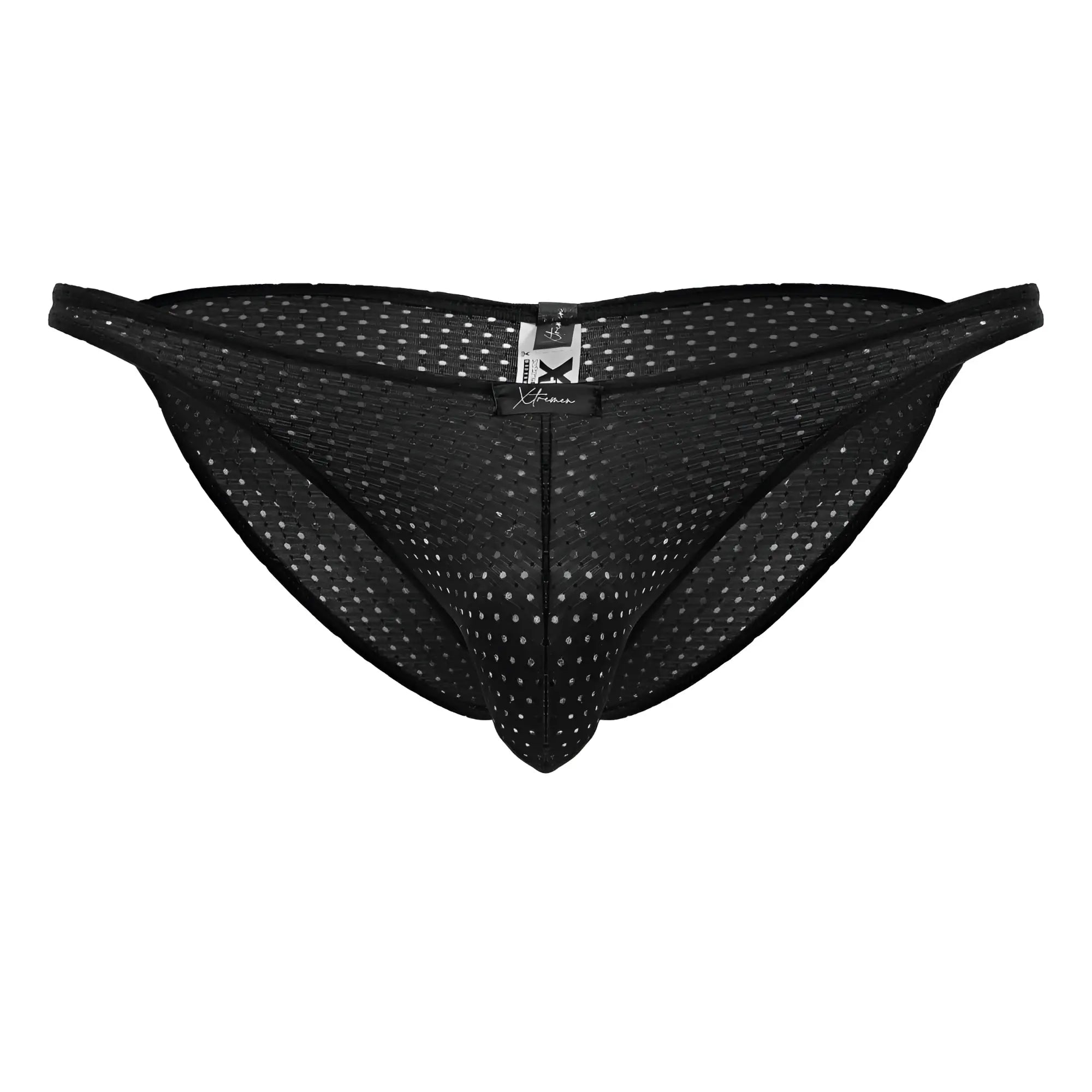 Black xtremen 91215b microfiber bikini briefs with mesh fabric, subtle white dot pattern, and branded waistband tag