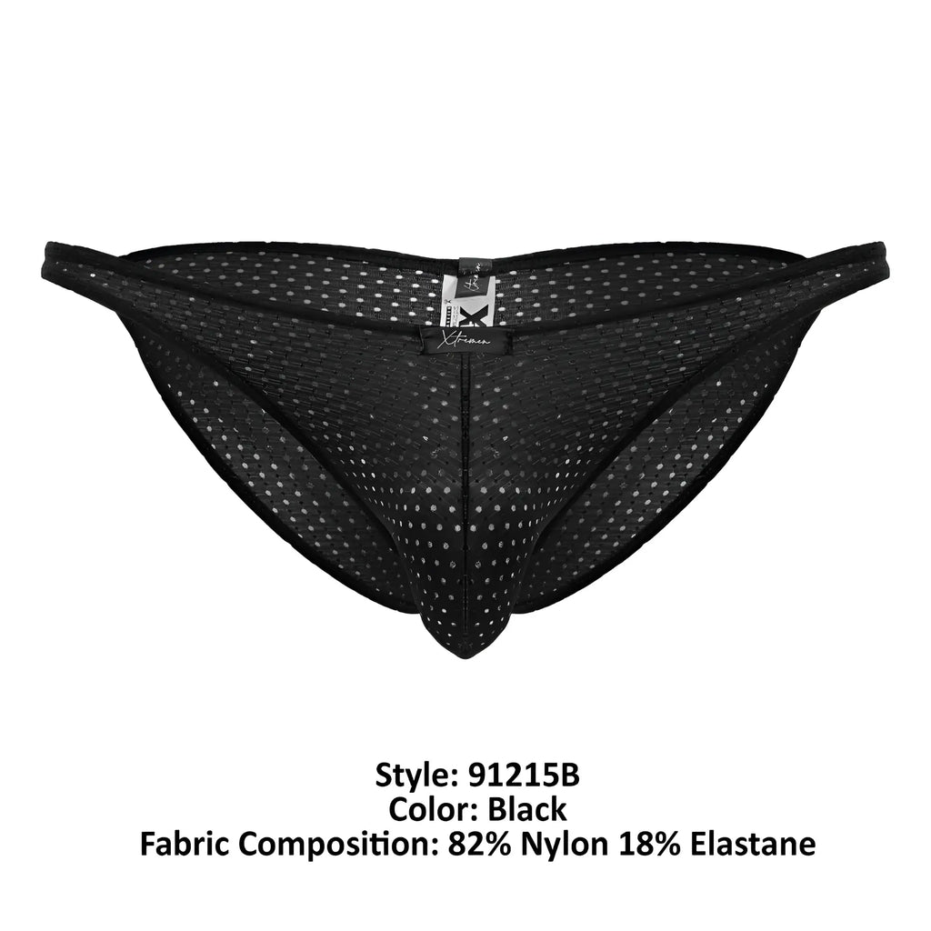 Xtremen 91215b black microfiber bikini briefs with black mesh fabric and subtle white dot pattern with branded tag