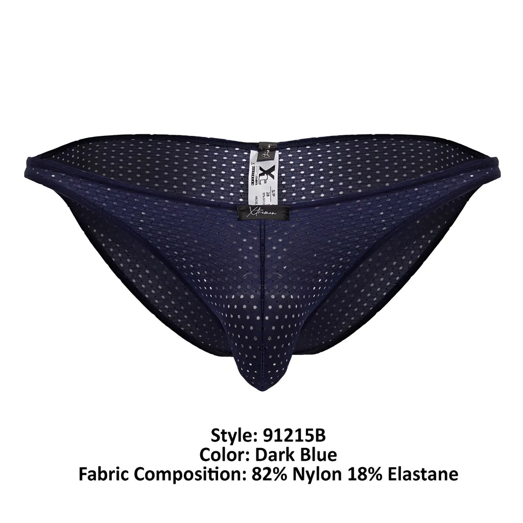 Dark blue xtremen 91215b microfiber bikini briefs with white dot mesh pattern and branded waistband tag