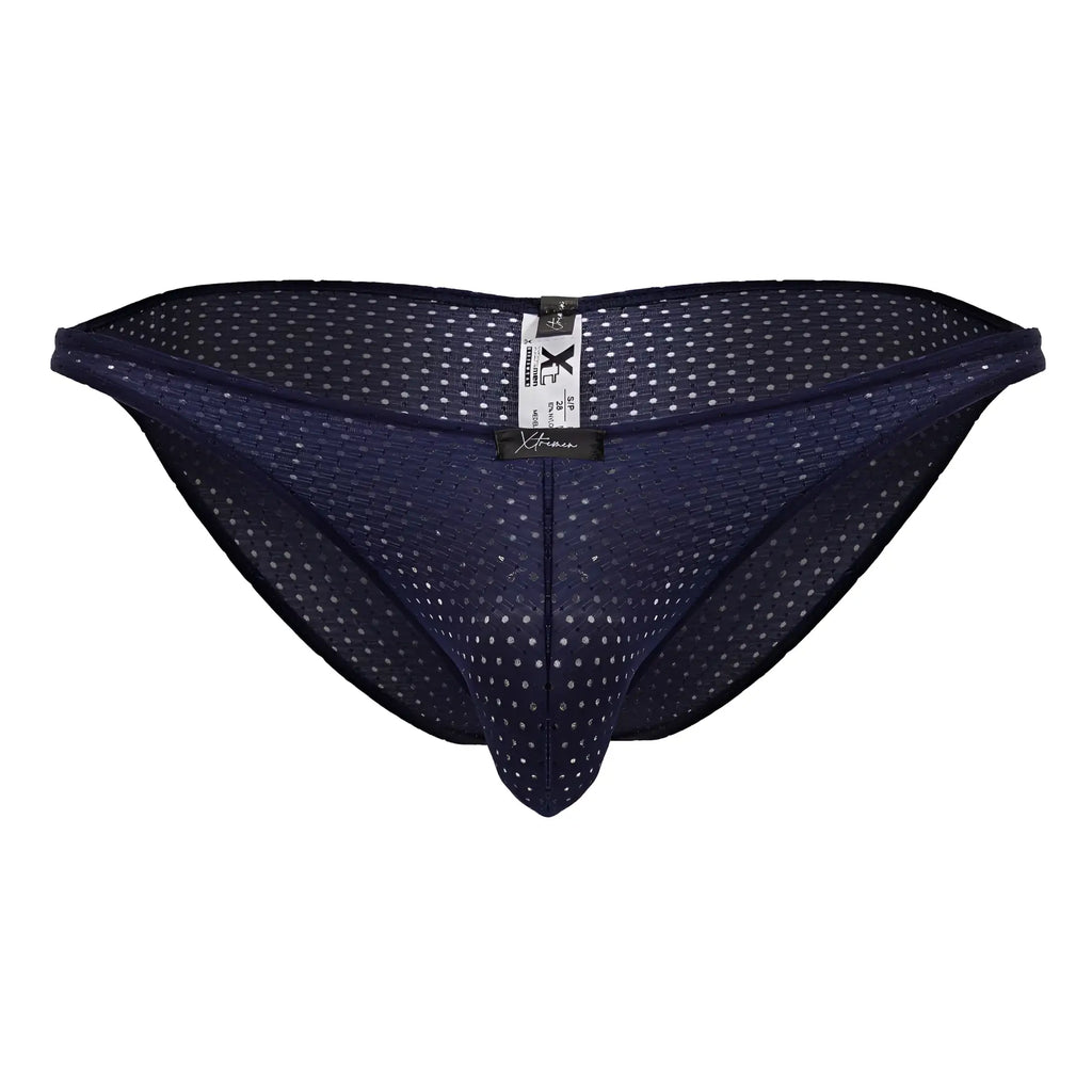 Dark blue xtremen 91215b microfiber bikini briefs with a subtle white polka dot mesh pattern