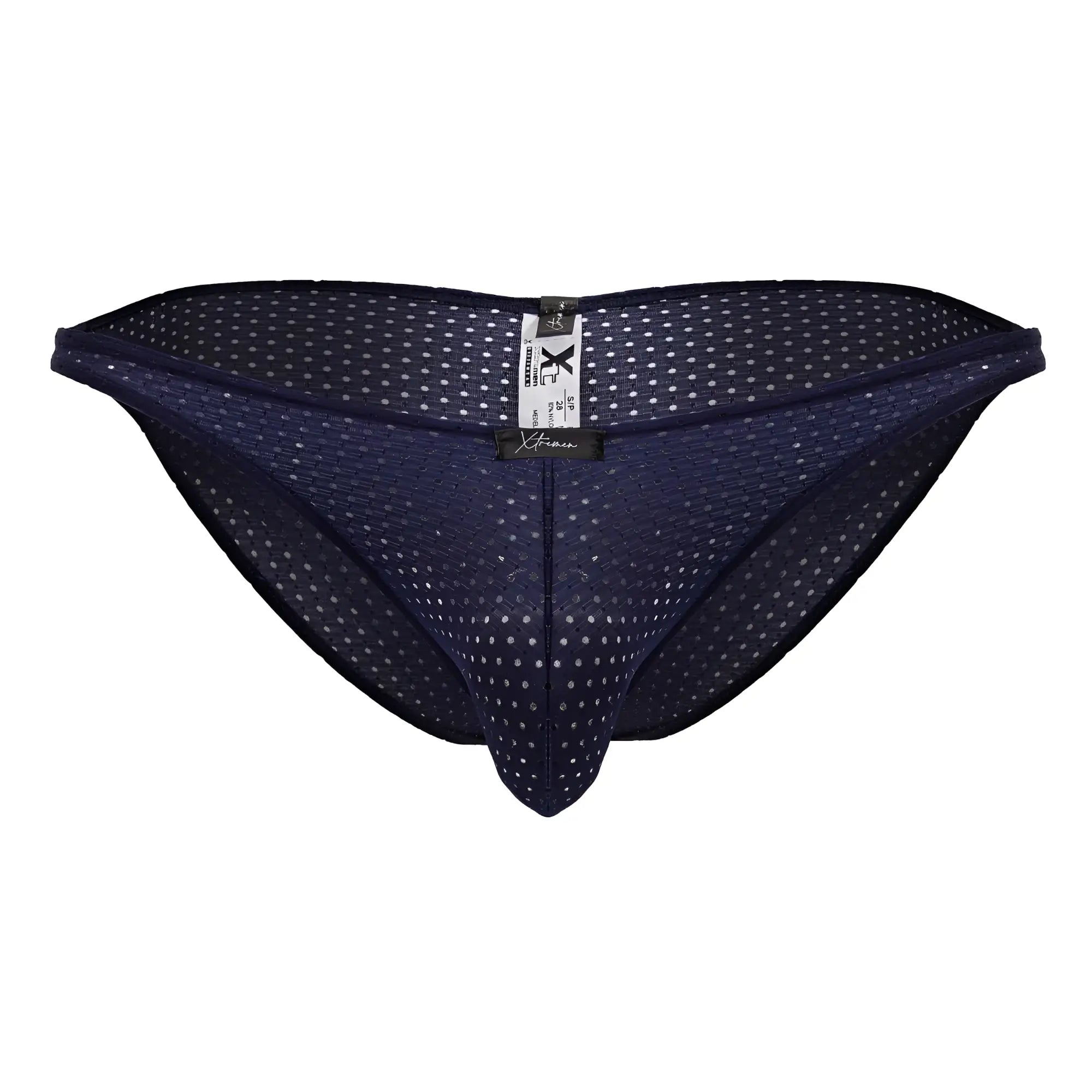 Dark blue xtremen 91215b microfiber bikini briefs with a subtle white polka dot mesh pattern
