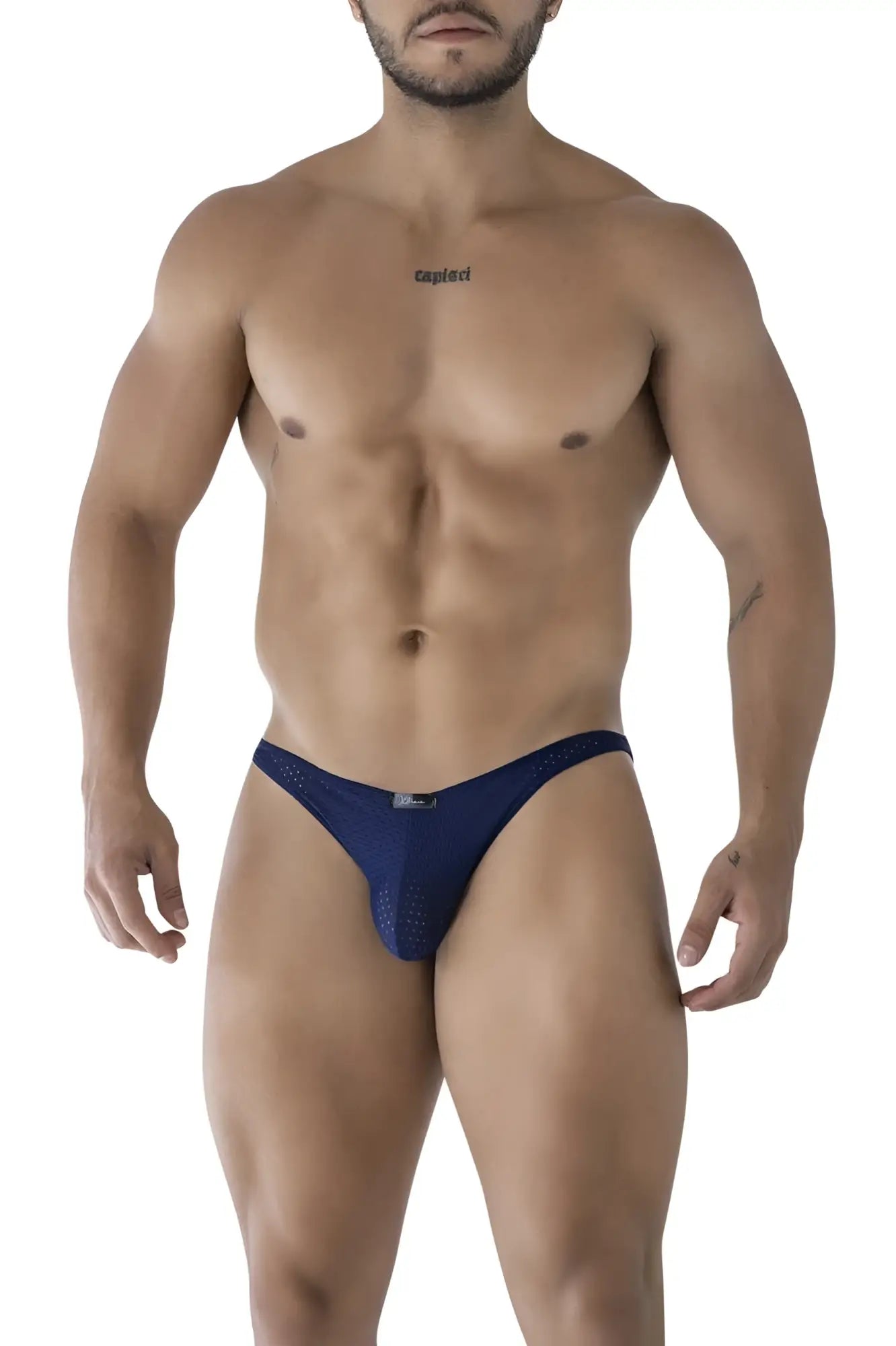 Navy blue microfiber mesh thong with small logo on front band xtremen 91215b microfiber bikini dark blue