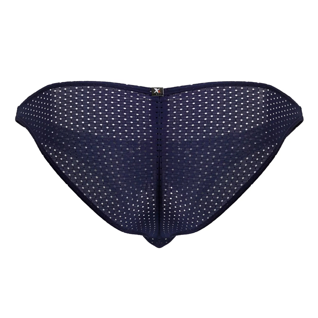 Navy blue microfiber bikini briefs with white polka dots and metallic logo shown from the back side