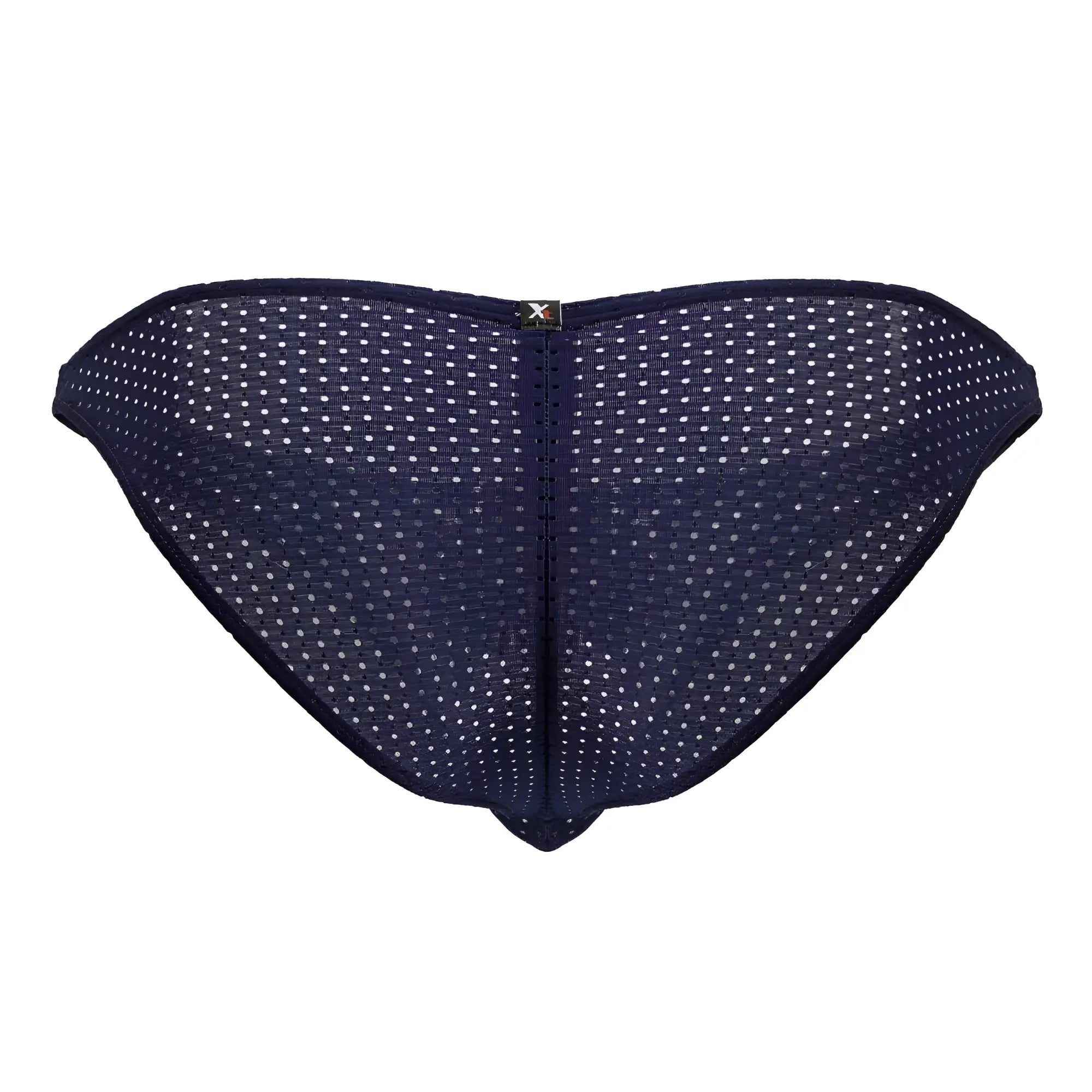 Navy blue microfiber bikini briefs with white polka dots and metallic logo shown from the back side