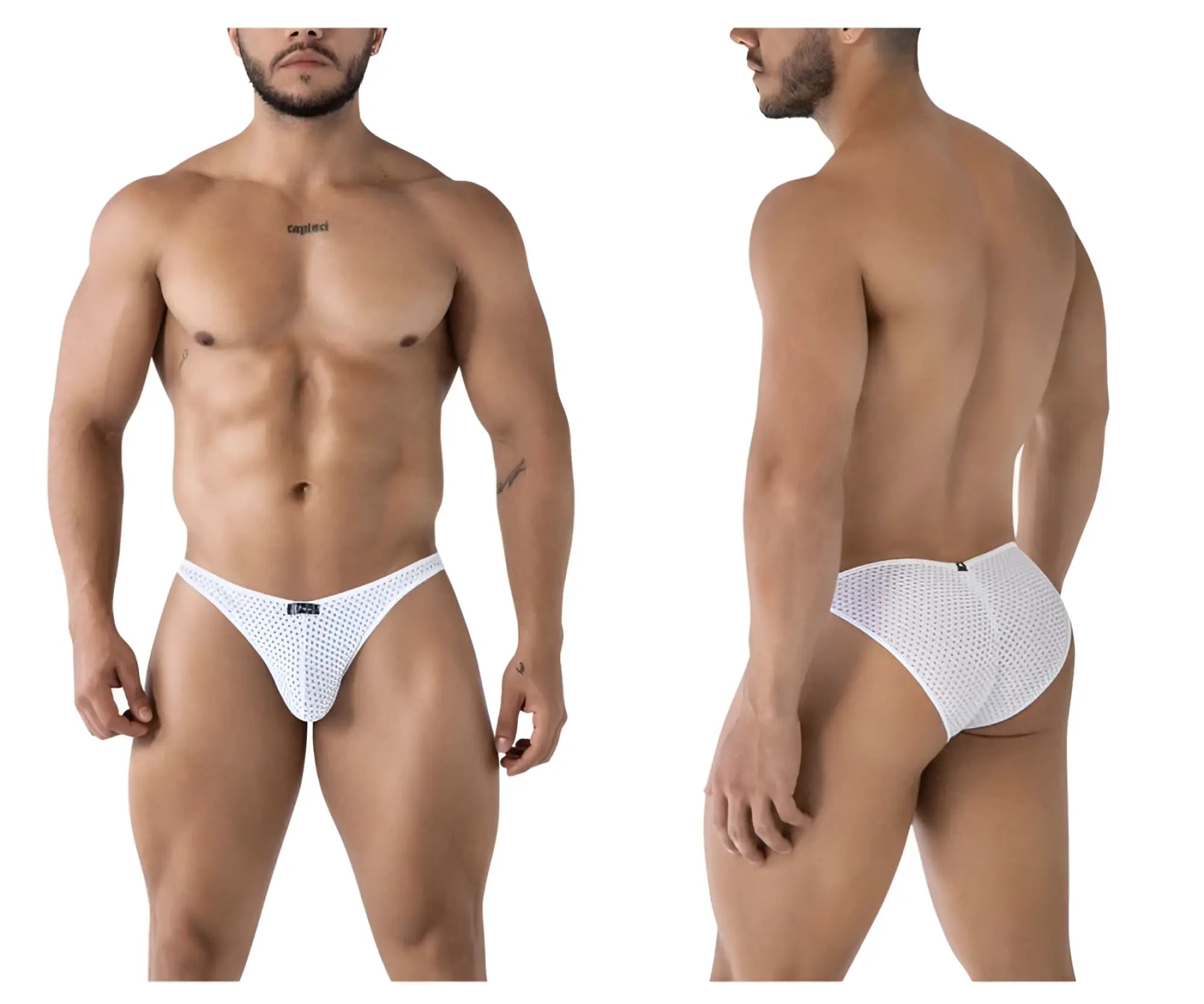 Xtremen 91215B microfiber bikini briefs in white with a subtle mesh pattern and a small black brand tag at the waistband