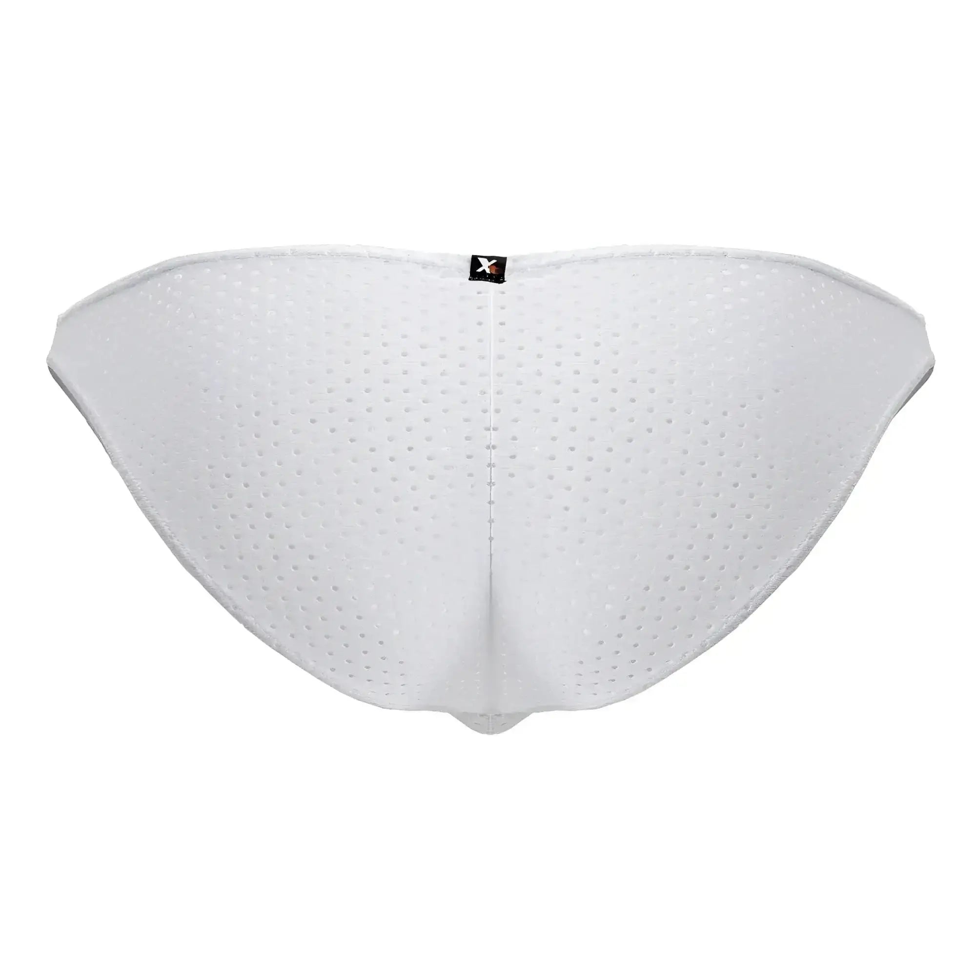 Xtremen 91215b microfiber bikini briefs in white with perforated mesh fabric and small black logo tag on the back