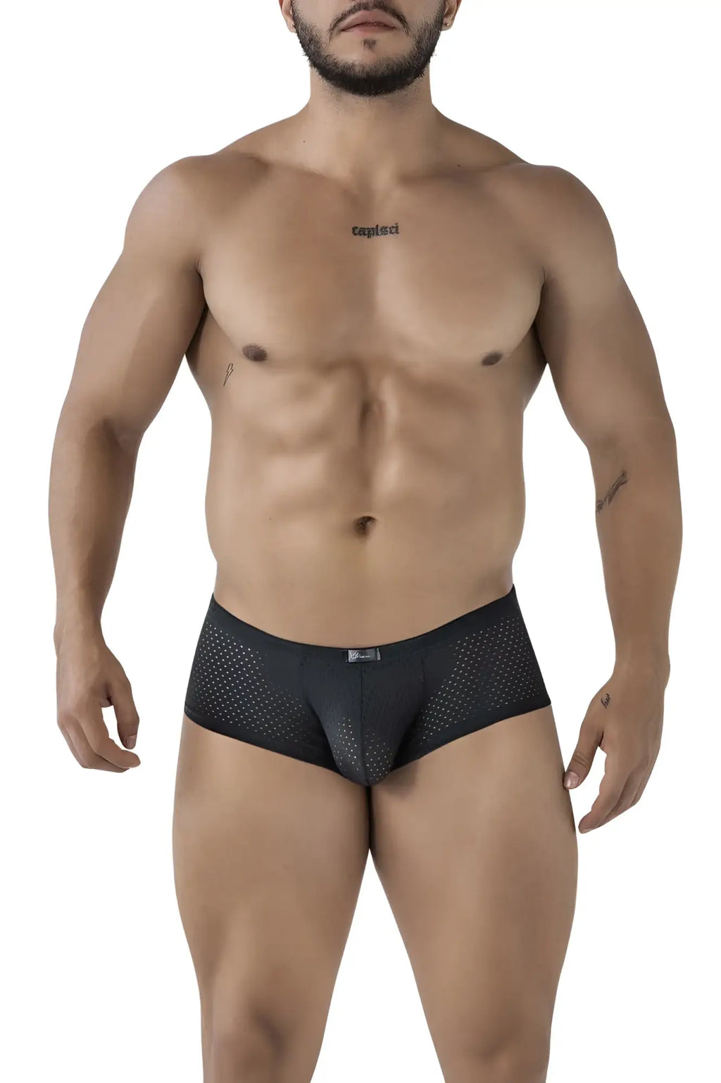Xtremen 91216b black microfiber trunks with sleek black mesh briefs and subtle branded waistband front view