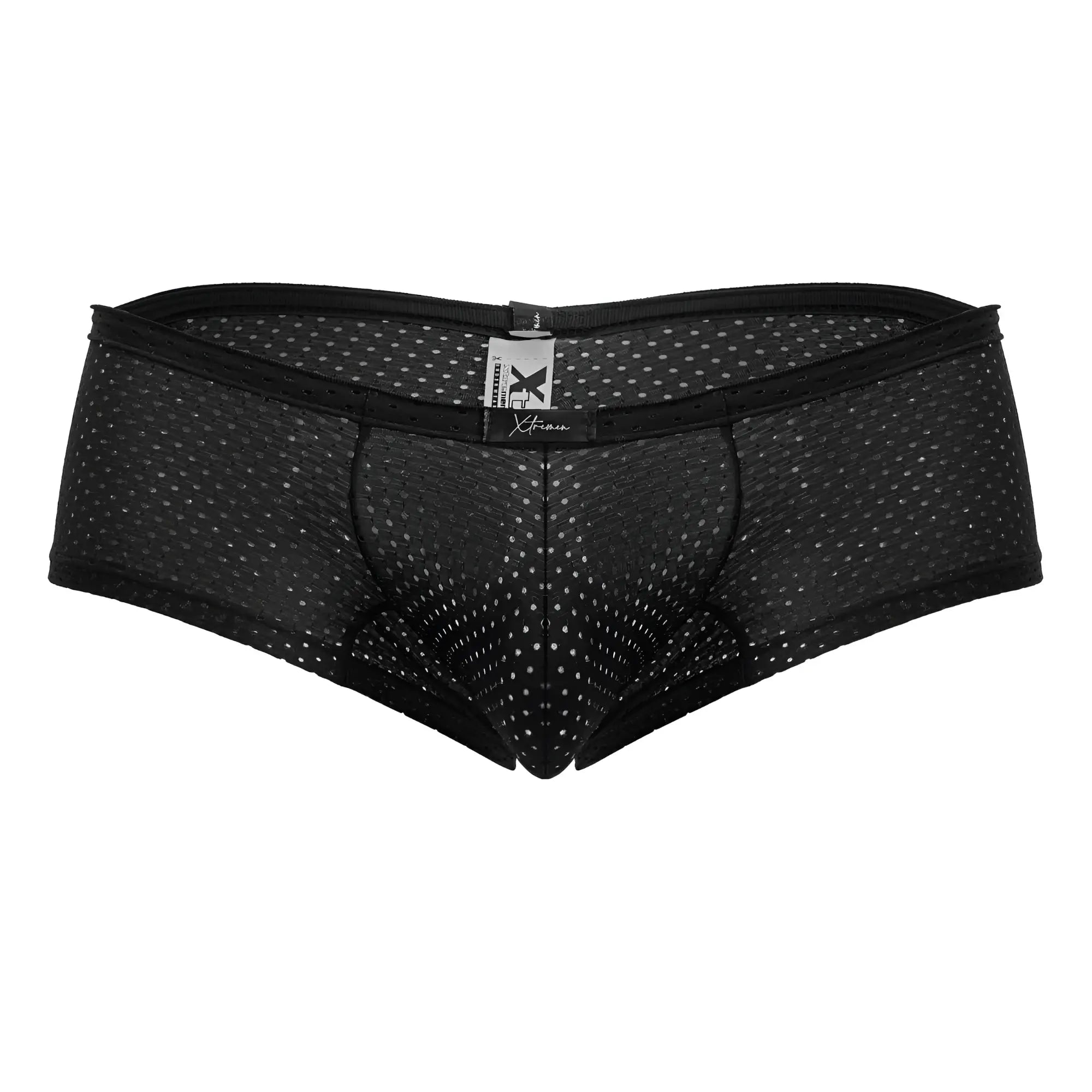 Xtremen 91216b microfiber trunks in black feature black mesh briefs with subtle white dots and a reinforced elastic waistband