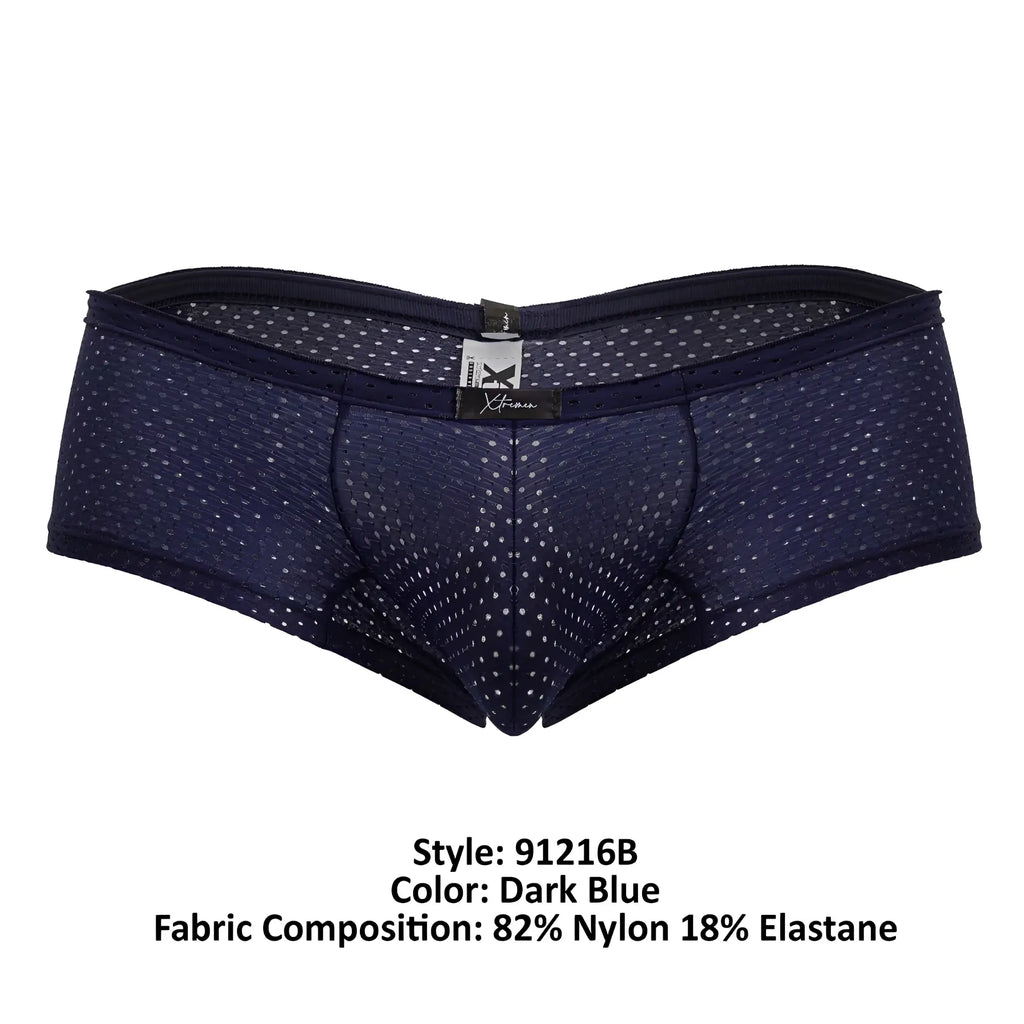 Dark blue Xtremen 91216B microfiber trunks with subtle white polka dots mesh texture made of nylon and elastane