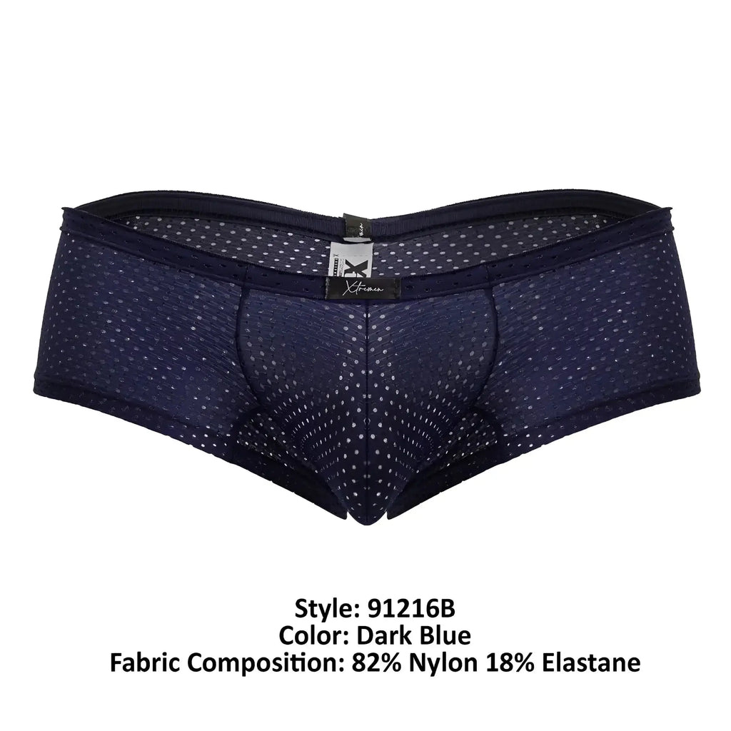 Dark blue Xtremen 91216B microfiber trunks with subtle white polka dots mesh texture made of nylon and elastane