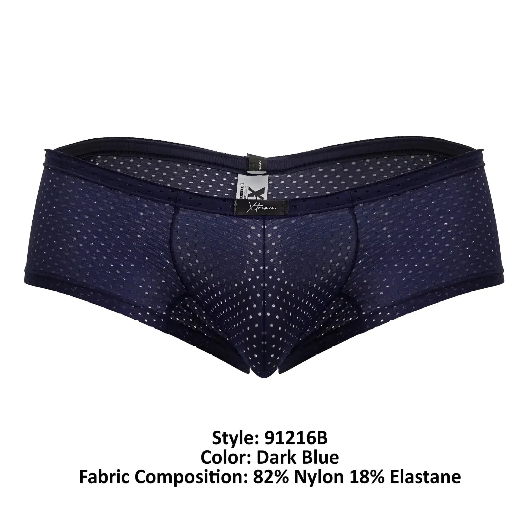 Dark blue Xtremen 91216B microfiber trunks with subtle white polka dots mesh texture made of nylon and elastane