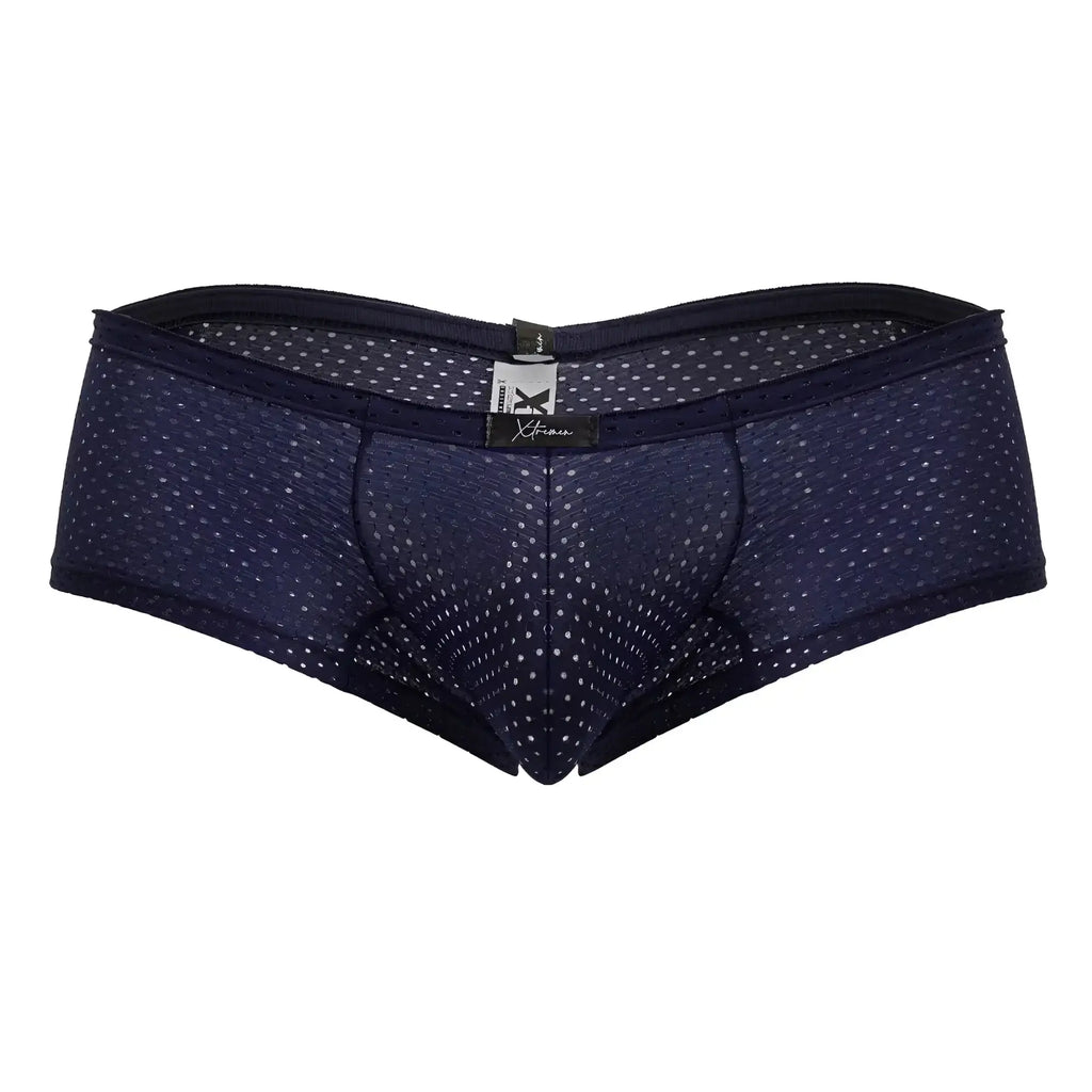 Navy blue xtremen 91216b microfiber trunks with white polka dots and black elastic waistband front view