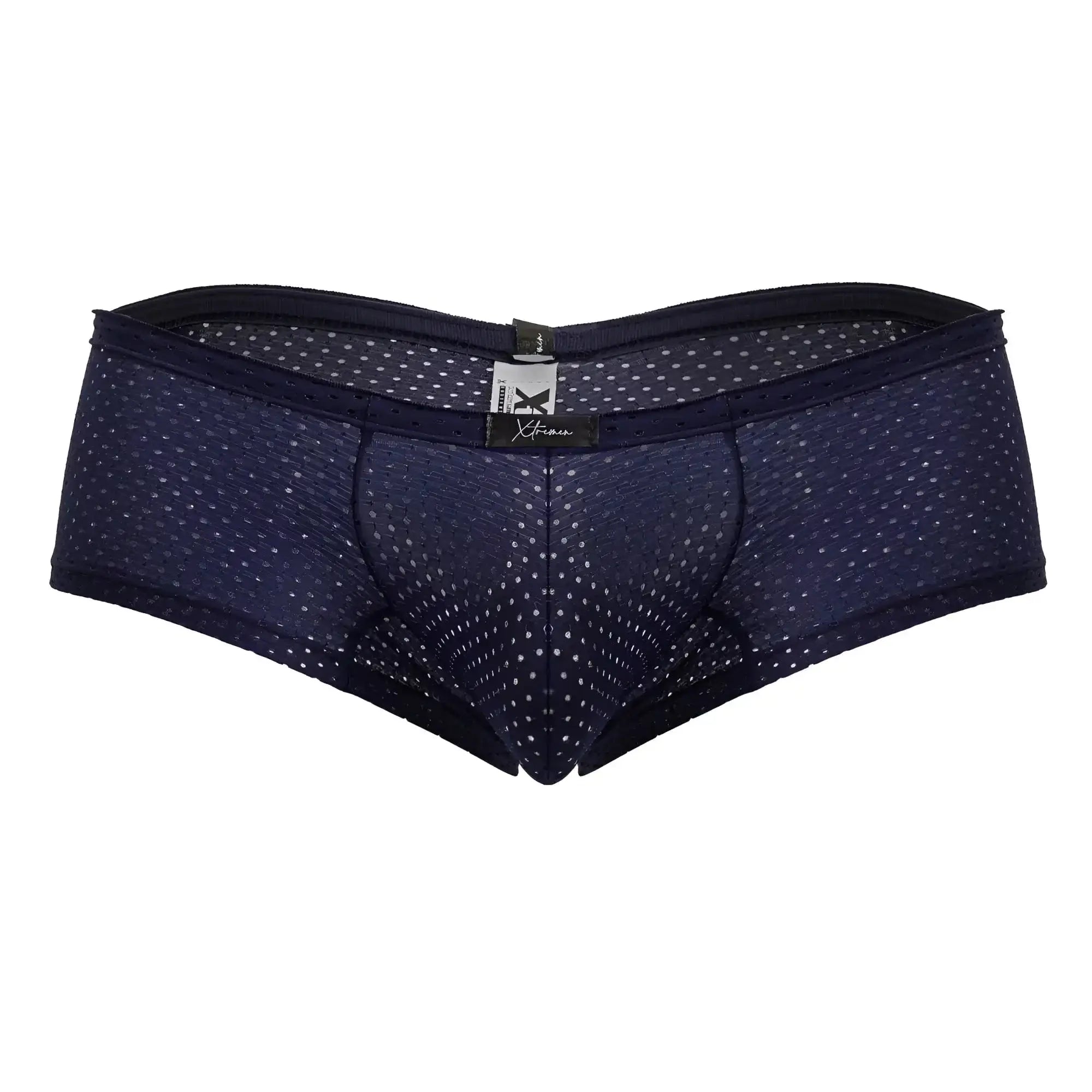 Navy blue xtremen 91216b microfiber trunks with white polka dots and black elastic waistband front view
