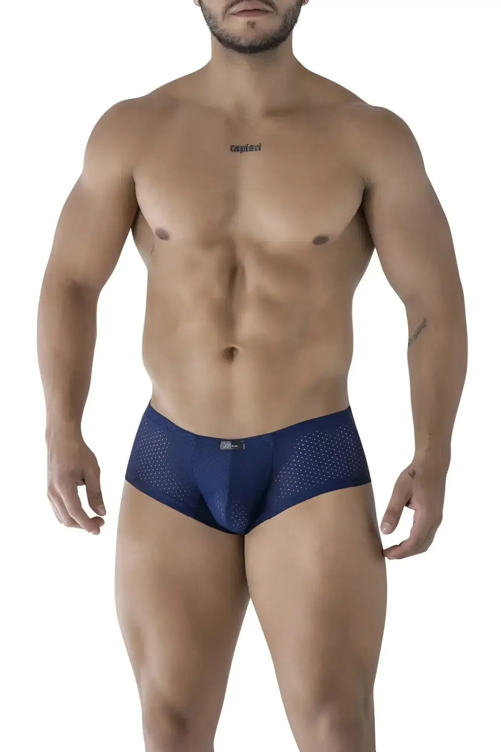 Navy blue perforated mesh men’s briefs xtremen 91216b microfiber trunks dark blue front view