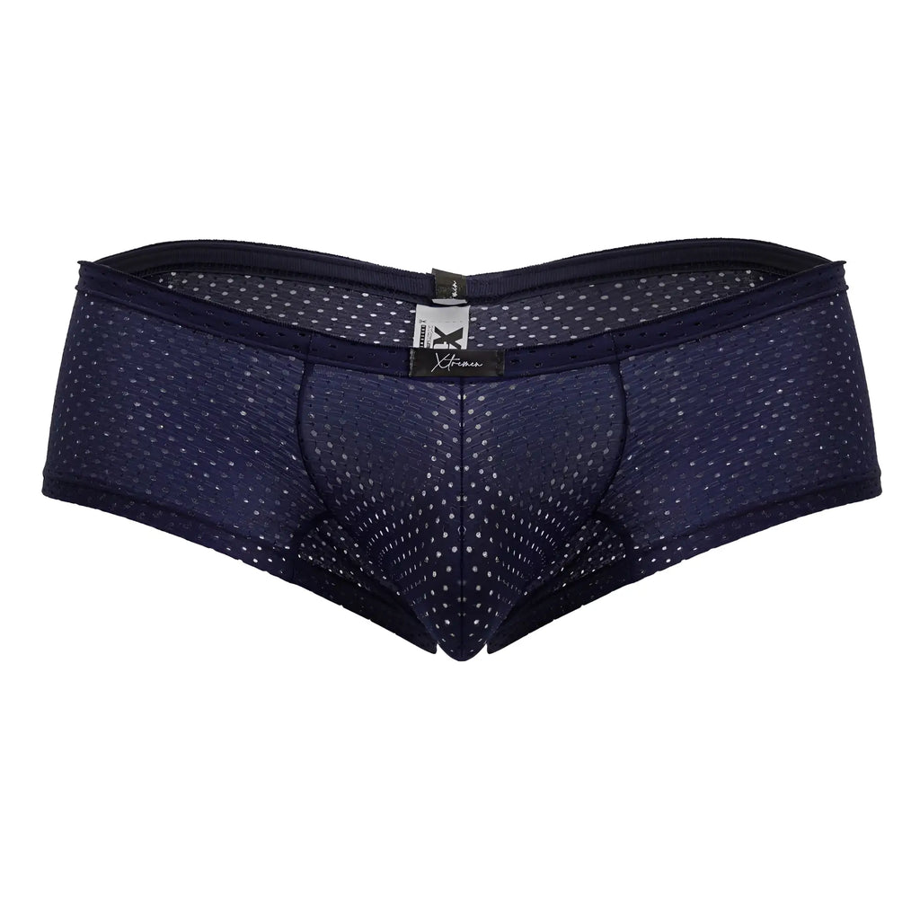Navy blue xtremen 91216b microfiber trunks with white polka dots and black elastic waistband front view
