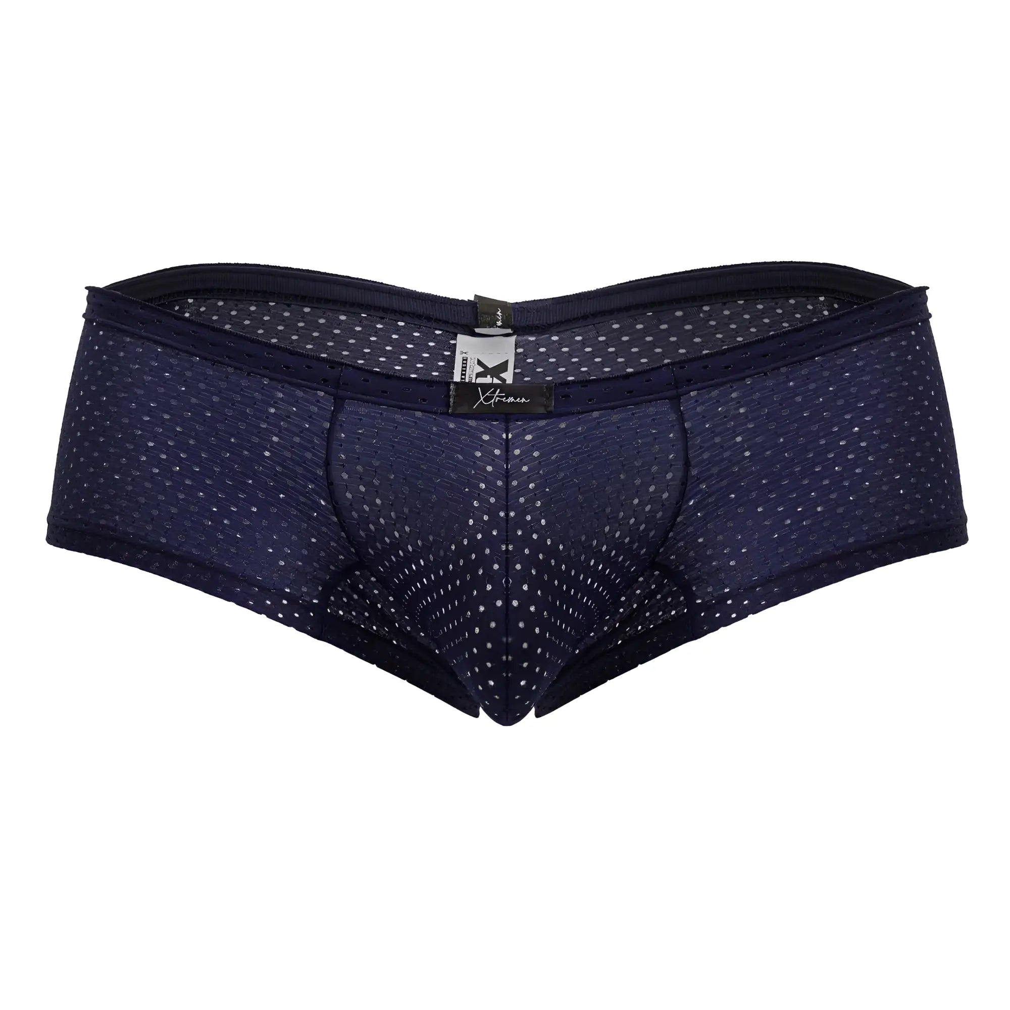 Navy blue xtremen 91216b microfiber trunks with white polka dots and black elastic waistband front view